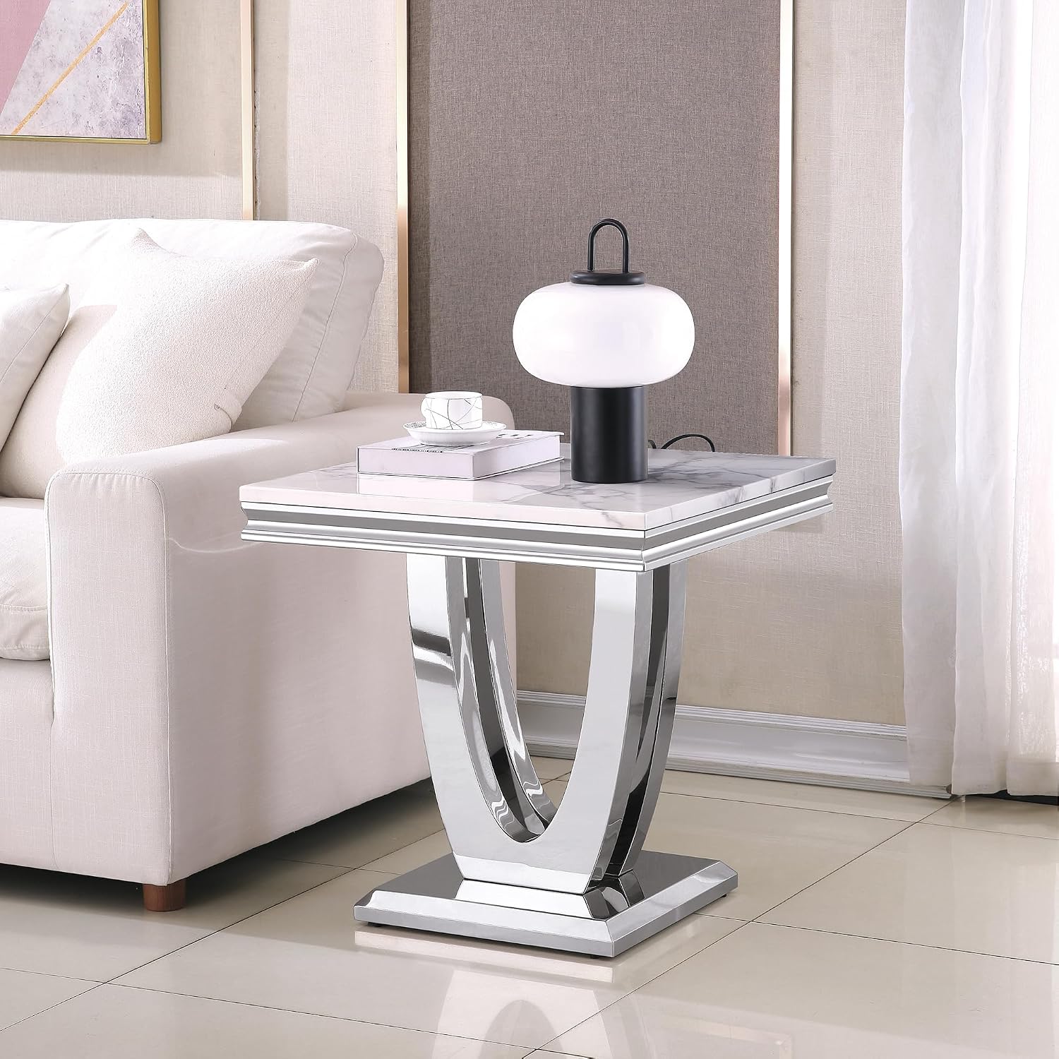 Modern Marble End Table,22' Suqare Side Table with Silver U-Shape Stainless Steel Base,Luxury White Faux Marble End Table Nightstand Pedestal Stand Lamp Table for Hallway, Living Room, Bedroom