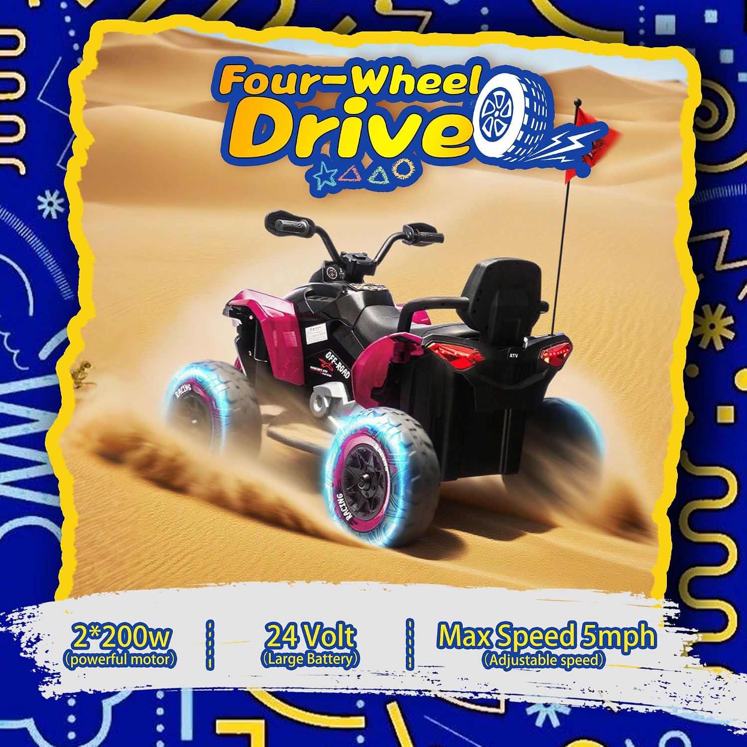 XL 2-Seater Kids Ride on ATV 24V Ride on Toys for Big Kids W/Parents Control, High Chassis, 4-Wheel Shock Absorber, Authentic Off-Road Kid's ATV Car with Music, Lights, Bluetooth, Pink