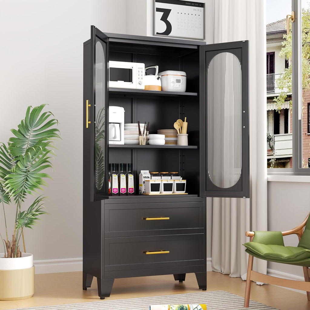 PAOFIN Kitchen Pantry Storage Cabinet with 2 Acrylic Doors, 2 Drawers,2 Adjustable Shelves, freestanding Cupboard Versatile Storage for Office, Laundry,Dining Room or Living Room (61' Black)