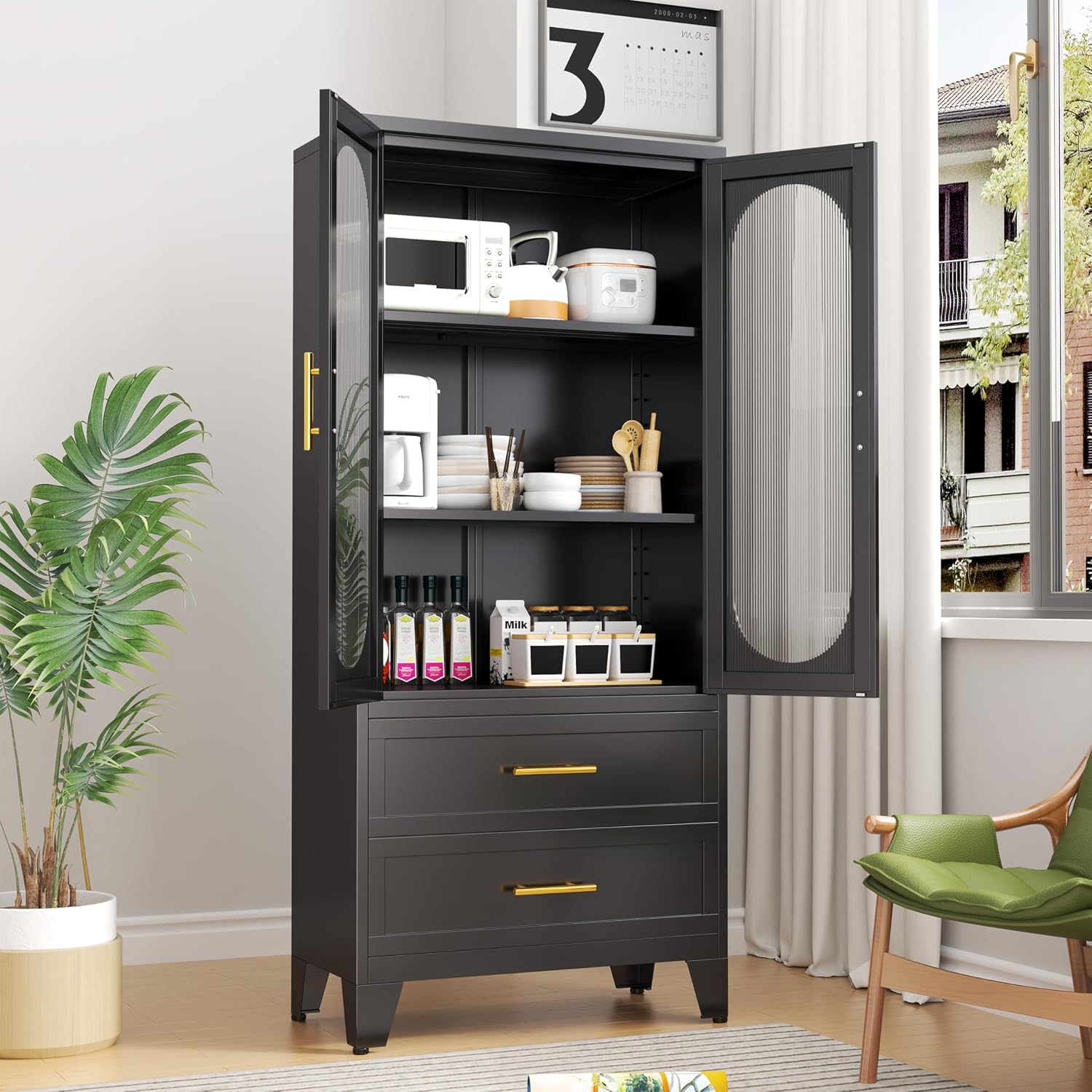 PAOFIN Kitchen Pantry Storage Cabinet with 2 Acrylic Doors, 2 Drawers,2 Adjustable Shelves, freestanding Cupboard Versatile Storage for Office, Laundry,Dining Room or Living Room (61' Black)