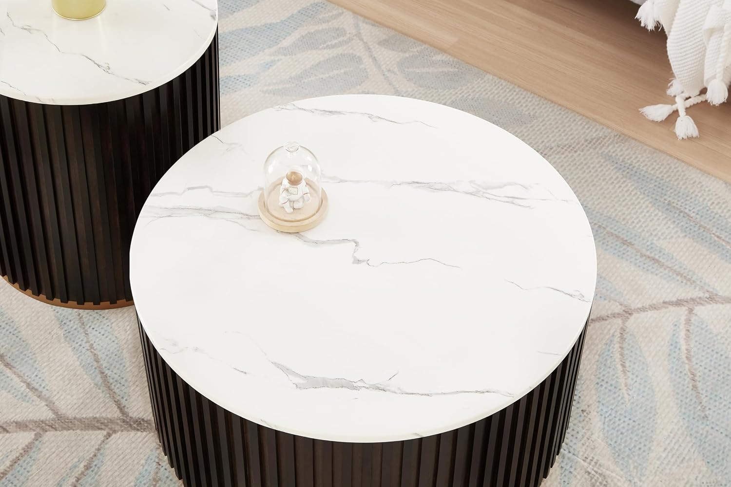 Round Wood Coffee Table Set of 2 with Marble Lid ＆ Hidden Storage, Handcraft Drum Side Table, Modern Circle Wooden End Table Set for Living Room, No Need Assembly(Black Brown,31x31x16 in)