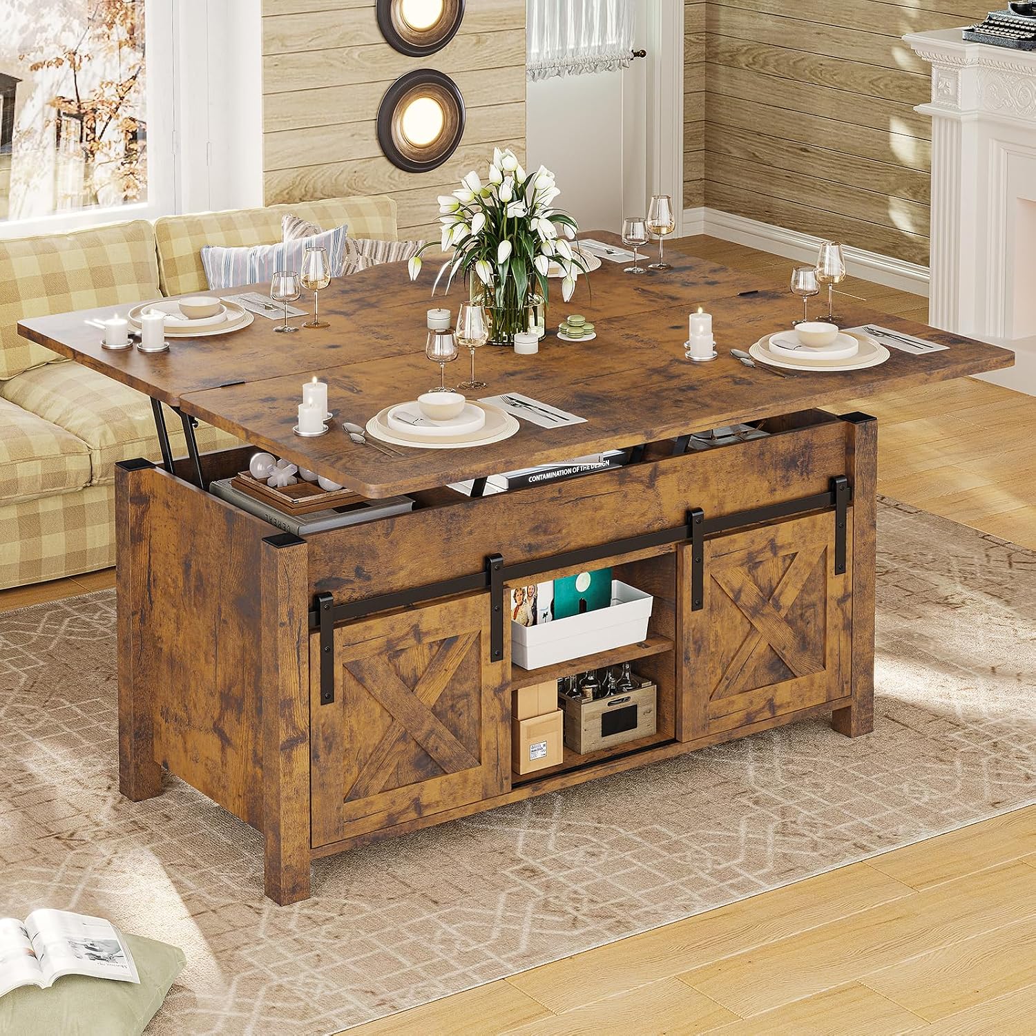 SEDETA Lift Top Coffee Table, 4 in 1 Convertible Coffee Tables with Storage and Hidden Compartment for Living Room, Farmhouse Coffee Table Converts to Dining Table, Dining Reception Room, Rustic Brown