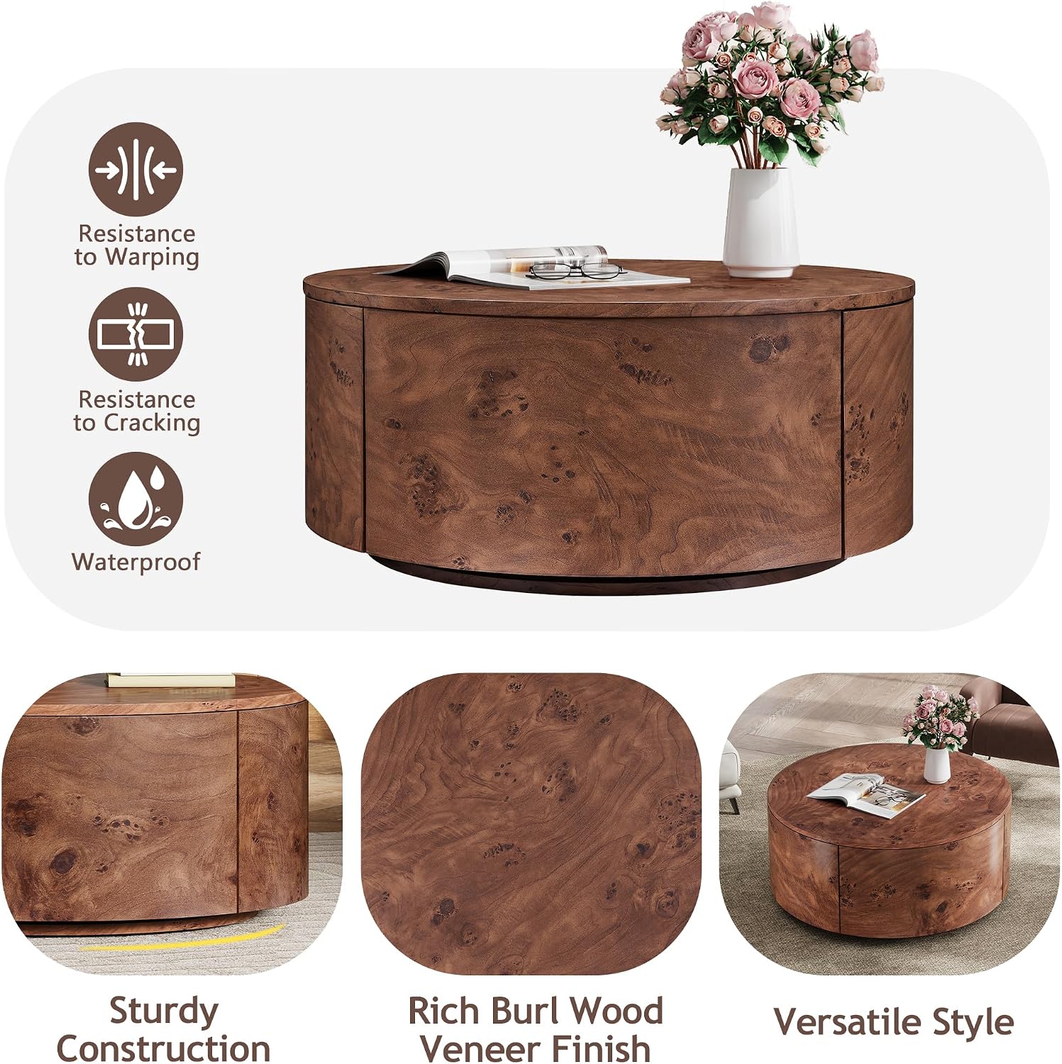 Flieks Burl Wood Rotating Coffee Table with 2 Drawers, 360° Rotating Top, Walnut, 28.4'