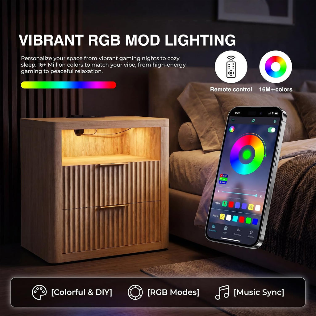YESHOMY Fluted Nightstands Set of 2 with Charging Station,24' Night Stand with 2 Drawers and Storage Shelf,RGB LED Lighting,Arc Edge Fluted Bedside Table for Bedroom,Natural Wood