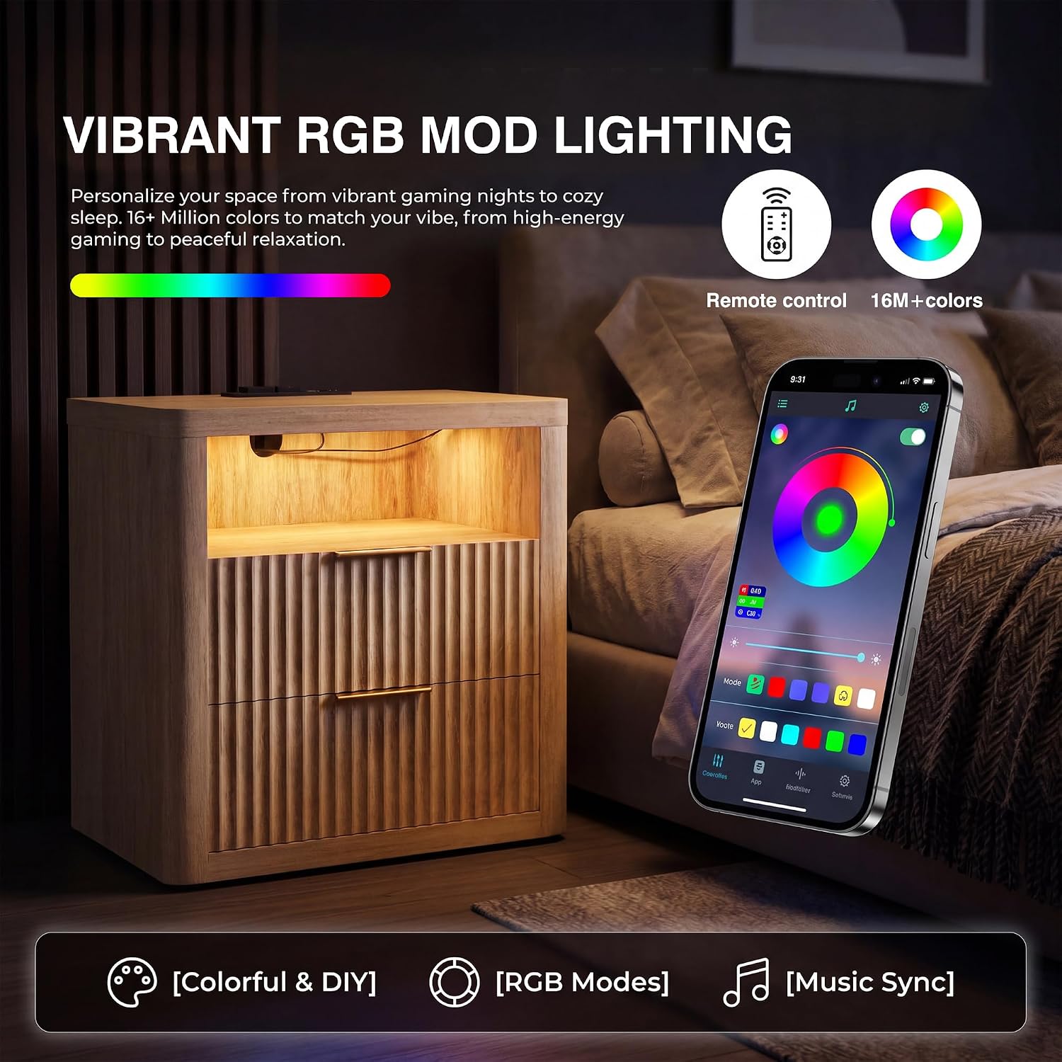YESHOMY Fluted Nightstands Set of 2 with Charging Station,24' Night Stand with 2 Drawers and Storage Shelf,RGB LED Lighting,Arc Edge Fluted Bedside Table for Bedroom,Natural Wood