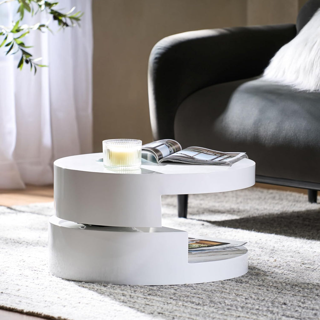 Modern Round White Coffee Table, 2-Tier Rotatable, Small, Easy Assembly, Contemporary Side Table, End Table for Living Room, 23.6'' x 13''