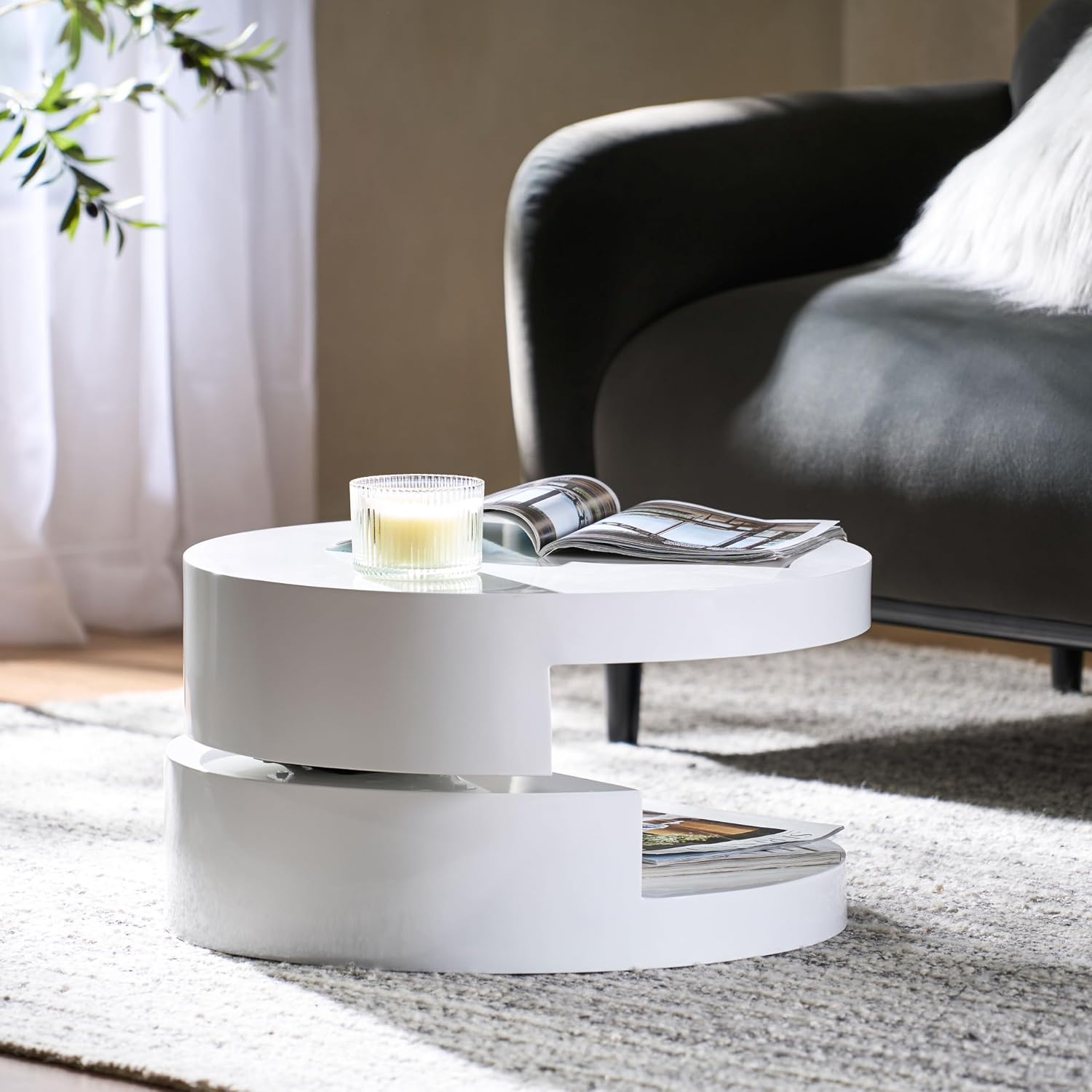 Modern Round White Coffee Table, 2-Tier Rotatable, Small, Easy Assembly, Contemporary Side Table, End Table for Living Room, 23.6'' x 13''