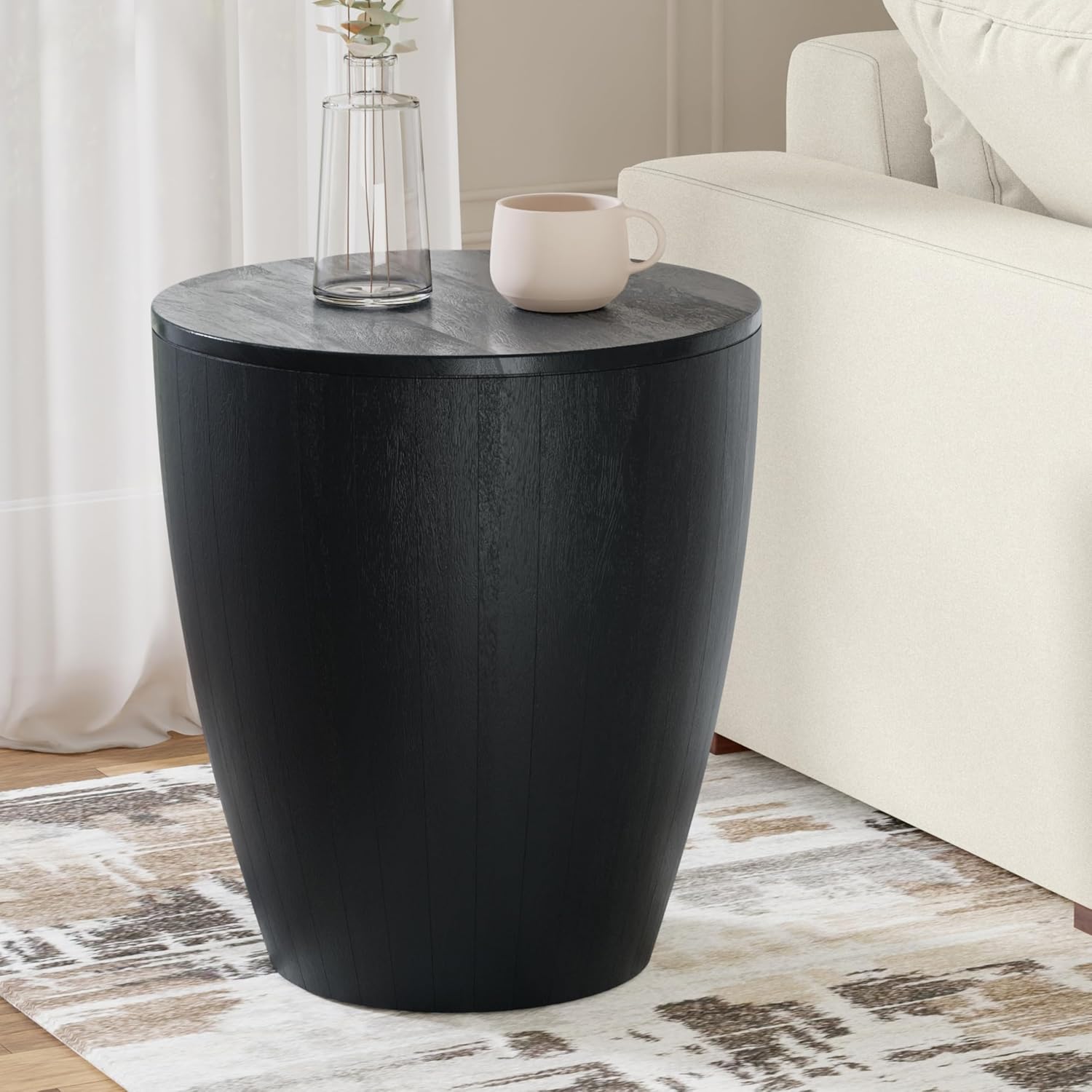 SIMPLIHOME Elmbrook End Table - 21 inch Wide Solid Mango Wood Round Drum Table with Vertical Panel Detailing in Black, Modern Nightstand or Plant Stand for Living Room or Bedroom, Assembled