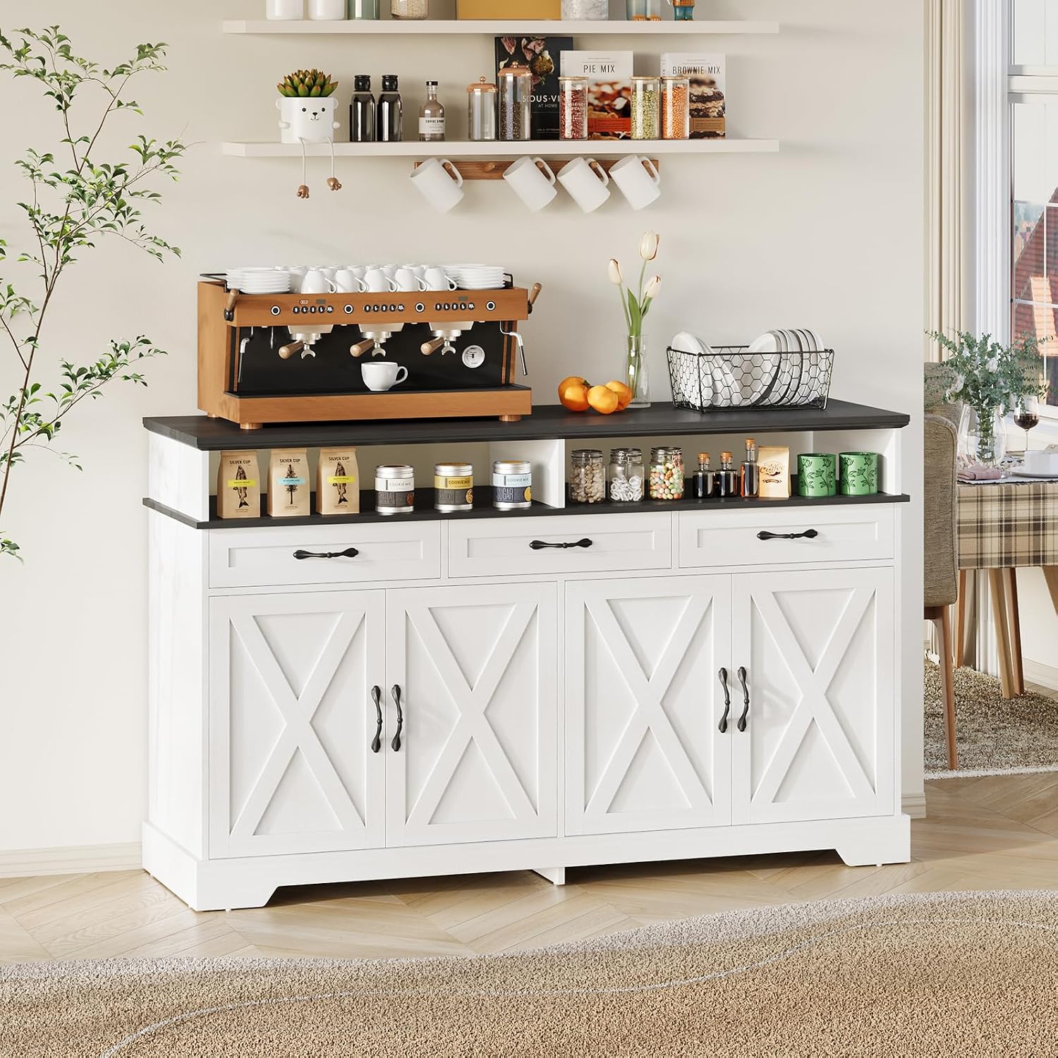 Yanosaku 63'' Buffet Cabinet with Storage, Farmhouse Sideboard Cabinet with Charging Station, Coffee Bar Cabinet, Sideboard Buffet Cabinet for Kitchen, Living Room, Hallway, White