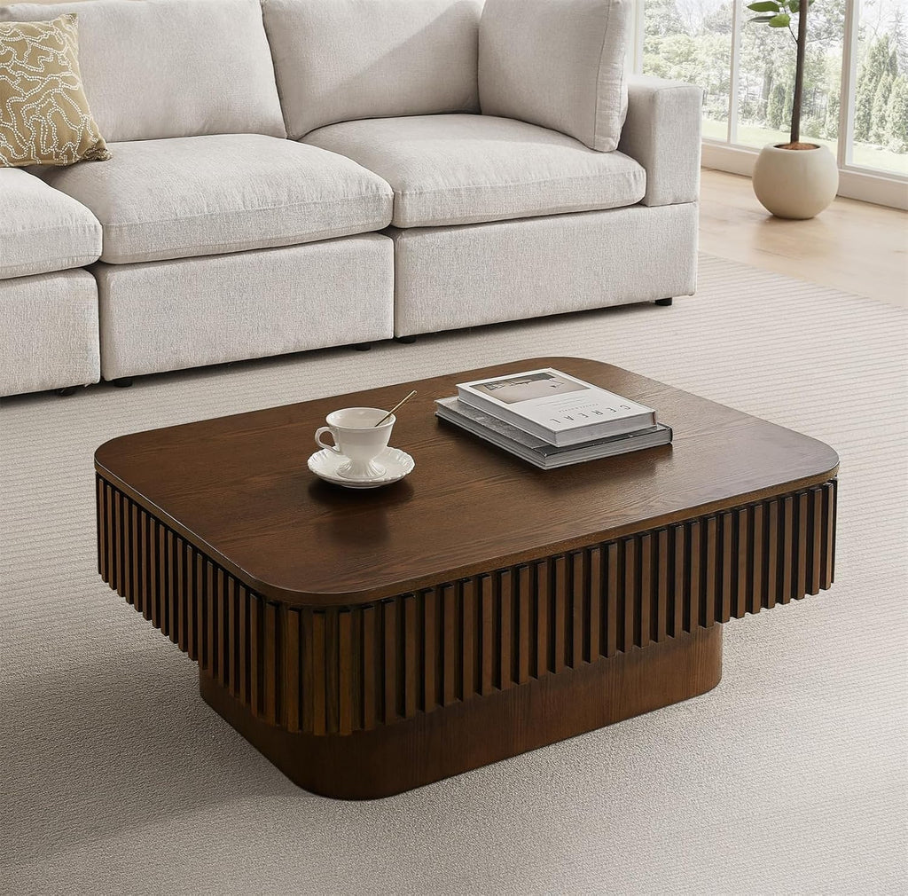 Lift Top Coffee Table for Living Room, Fluted Coffee Tables with Storage, Solid Wood Veneered Modern Accent Tea Center Table for Small Space Apartment (Walnut-38.6''D×26.8''H)