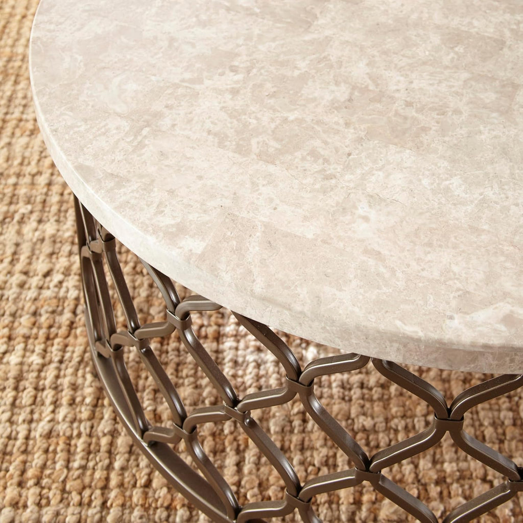 Steve Silver Furniture Roland Round Marble Coffee Table, 36-Inch Round Coffee Table, Bronze Metal Base, Modern Design, Living Room, 36'' L x 36'' W x 18'' H, White