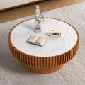 Round Drum Coffee Table White Fluted Coffee Table Circle Center Table Pedestal End Table for Apartment (31.5 in White Desktop)