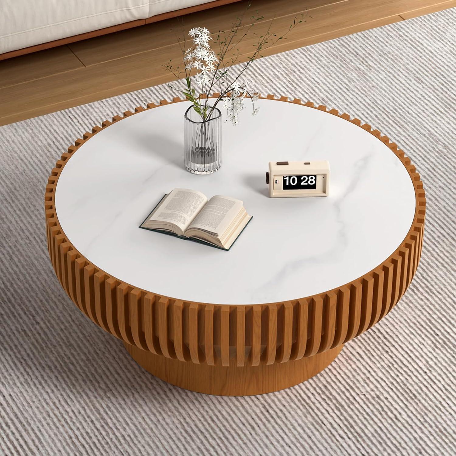Round Drum Coffee Table White Fluted Coffee Table Circle Center Table Pedestal End Table for Apartment (31.5 in White Desktop)