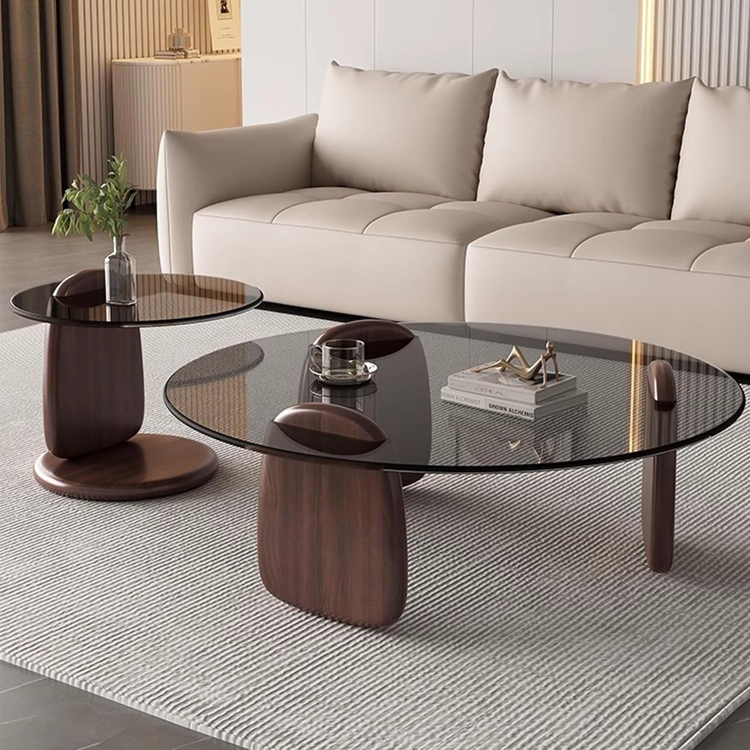 EASYSOUL Modern Round Coffee Table with Glass Top, 35.43' L x 35.43' W x 14.69' H, Circular Tea Tables for Living Room Home Office Industrial Cocktail Tables (Walunt-Grey Glass/35.43')