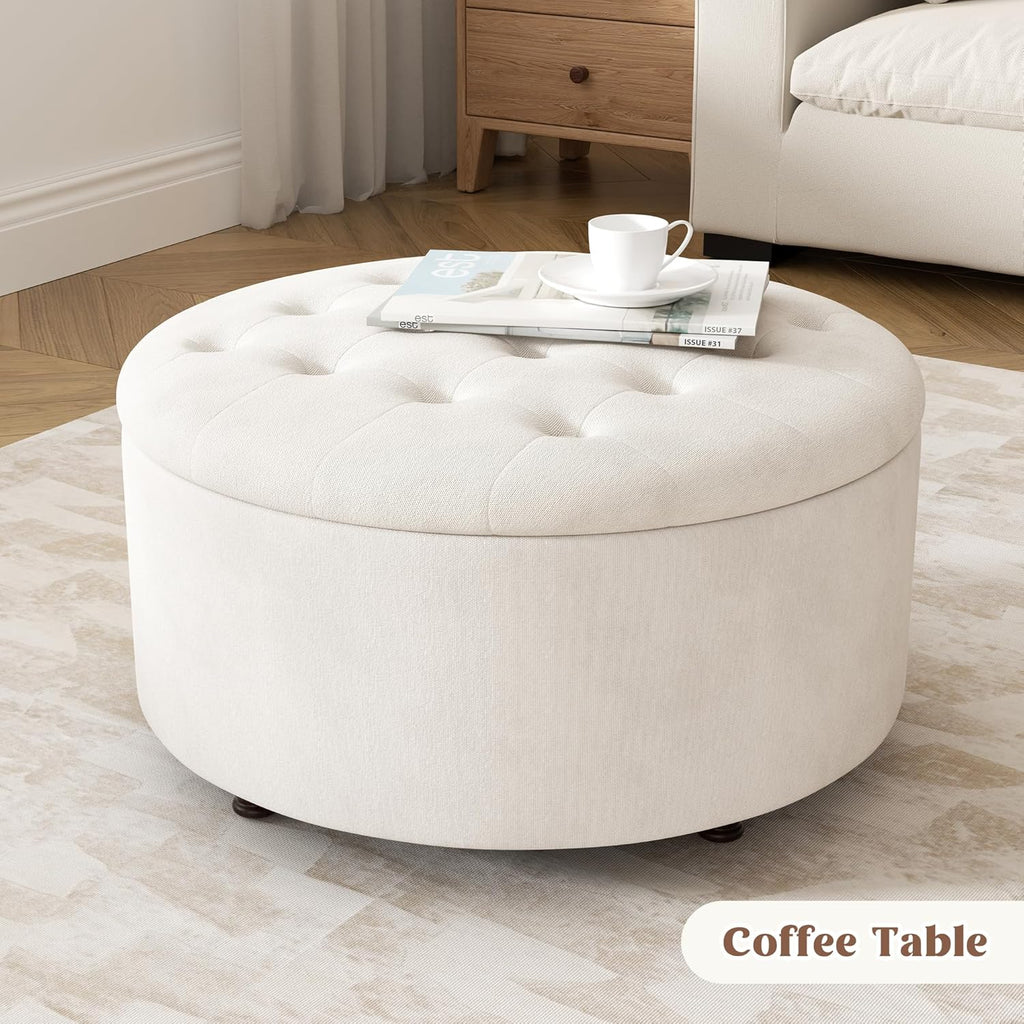30 Inch Round Storage Ottoman,Modern Tufted Ottomans,Circular Coffee Table with Removable Top,Upholstered Large Ottoman with Storage Footrest Stool for Bedroom Living Room (White)