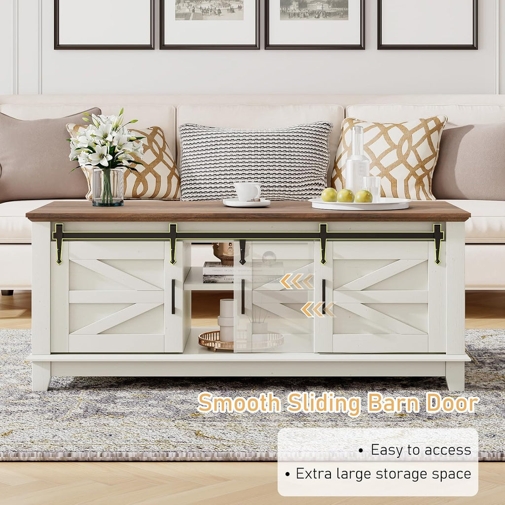LUXOAK Farmhouse Table Set of 3, Coffee Table with Sliding Barn Doors, End Tables Set of 2 with Charging Station for Living Room & Bedroom, Sliding Barn Doors, 2 Tiers Storage Drawer, Antique White