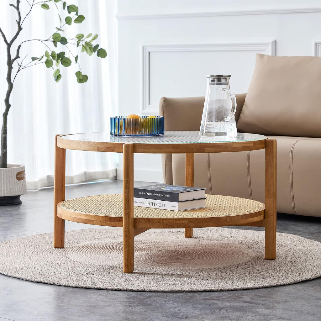 Round Wood Coffee Table with Tempered Glass Top & Rattan Layer, 2-Tier Modern Farmhouse Circle Coffee Table Side Table End Table for Living Room, Easy Assembly (34.6''*17.7'', Wood Color)