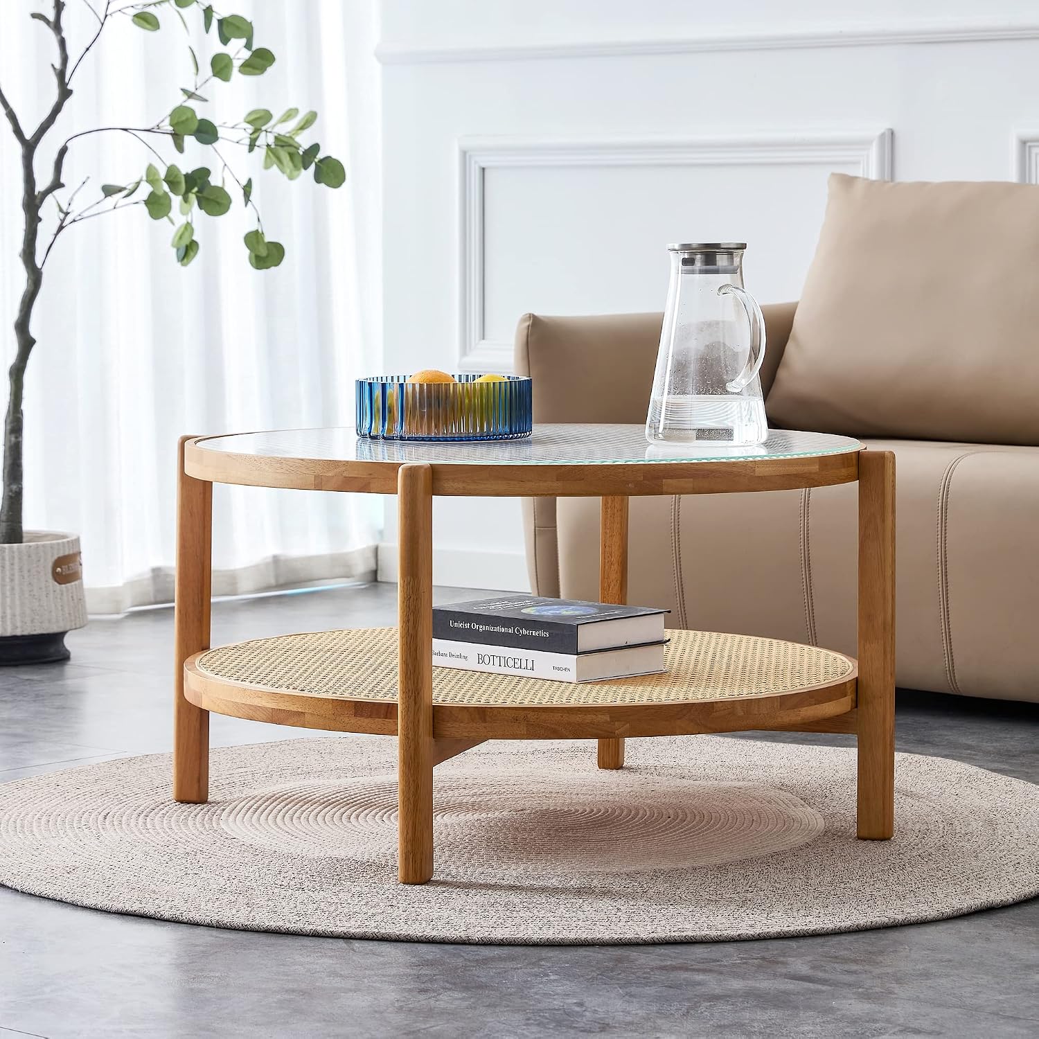 Round Wood Coffee Table with Tempered Glass Top & Rattan Layer, 2-Tier Modern Farmhouse Circle Coffee Table Side Table End Table for Living Room, Easy Assembly (34.6''*17.7'', Wood Color)