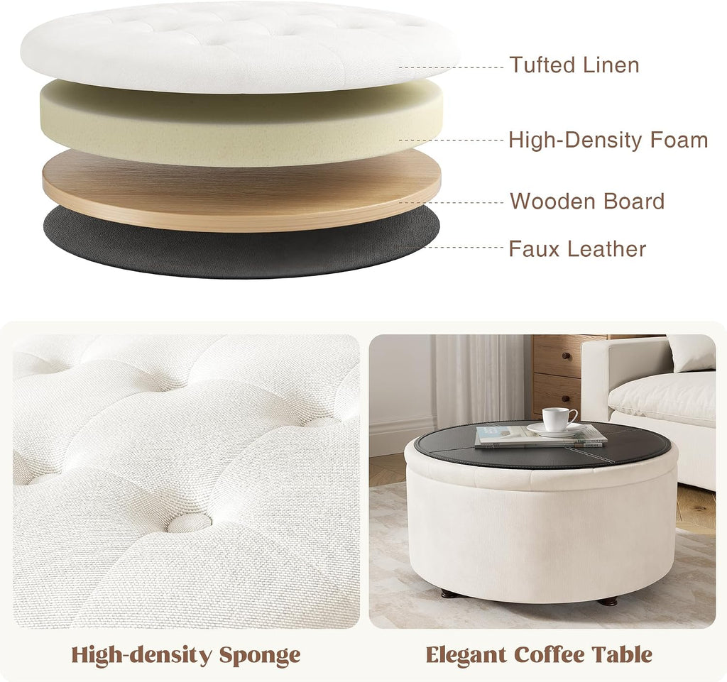30 Inch Round Storage Ottoman,Modern Tufted Ottomans,Circular Coffee Table with Removable Top,Upholstered Large Ottoman with Storage Footrest Stool for Bedroom Living Room (White)
