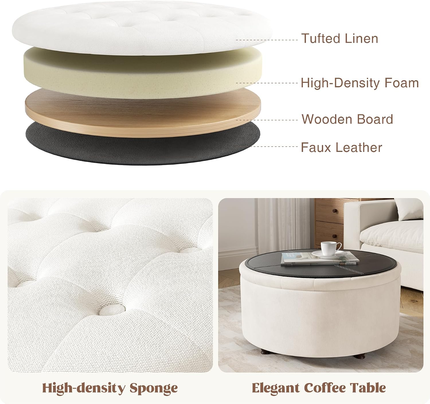 30 Inch Round Storage Ottoman,Modern Tufted Ottomans,Circular Coffee Table with Removable Top,Upholstered Large Ottoman with Storage Footrest Stool for Bedroom Living Room (White)