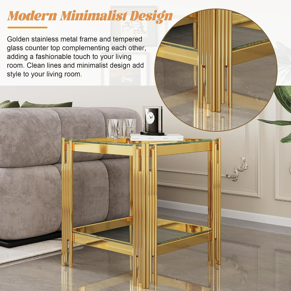 2-Tier Glass End Table, 20' Square Gold Side Table with Stainless Steel Legs and Clear Tempered Glass, Modern Luxury End Table for Living Room Home Office
