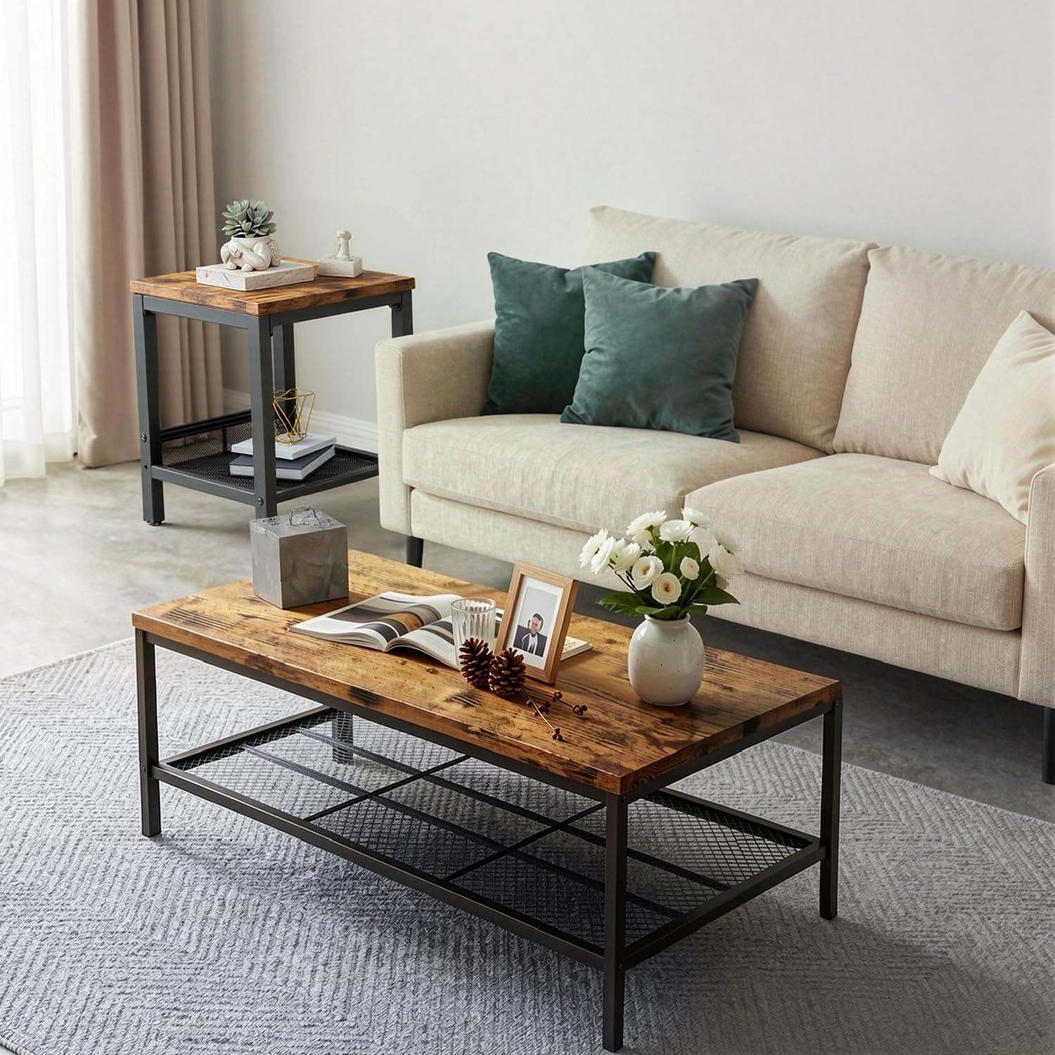 Coffee Table Set of 3,Industrial Coffee Table and 2 End Side Tables,Easy Assembly Coffee and End Tables Sets with Metal Legs, for Office, Living Room and Apartment (Brown)