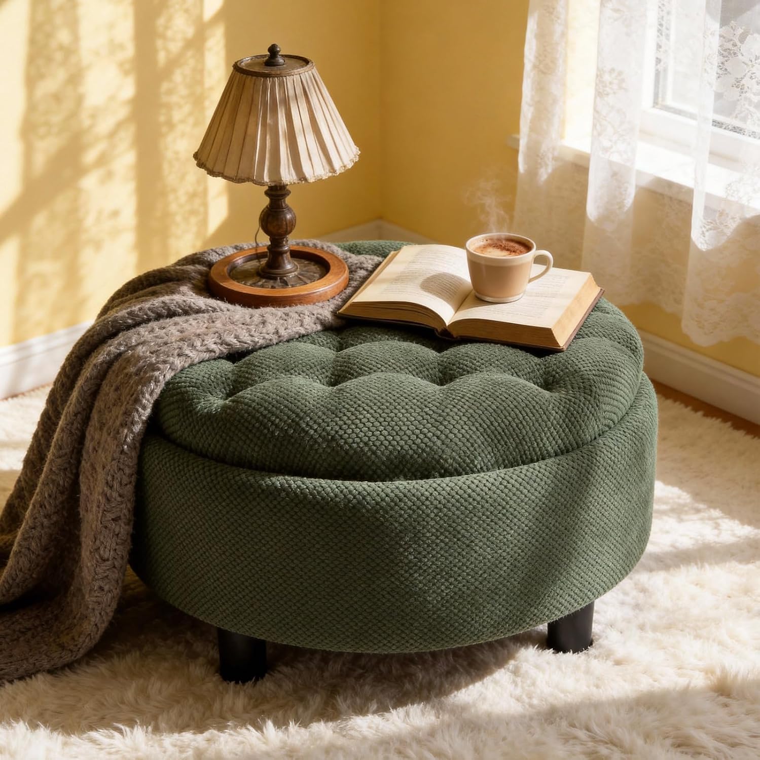 Round Storage Ottoman with Reversible Tray Lid, 25' Upholstered Button Tufted Coffee Table with Storage Foot Rest Stool for Living Room, Bedroom, Entryway, Green