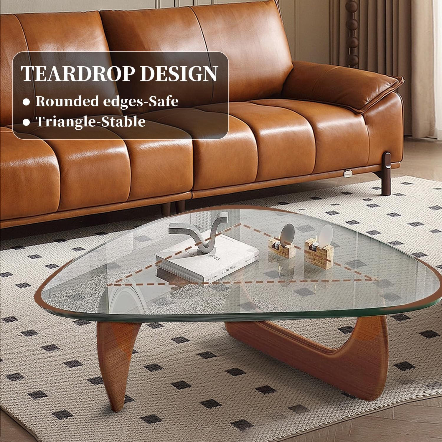 Glass Coffee Table, Mid Century Modern Coffee Table, Coffee Table for Living Room Center Table Suitable for Bedroom Living Room Reception Office Tables (Walnut/Transparent, Large)