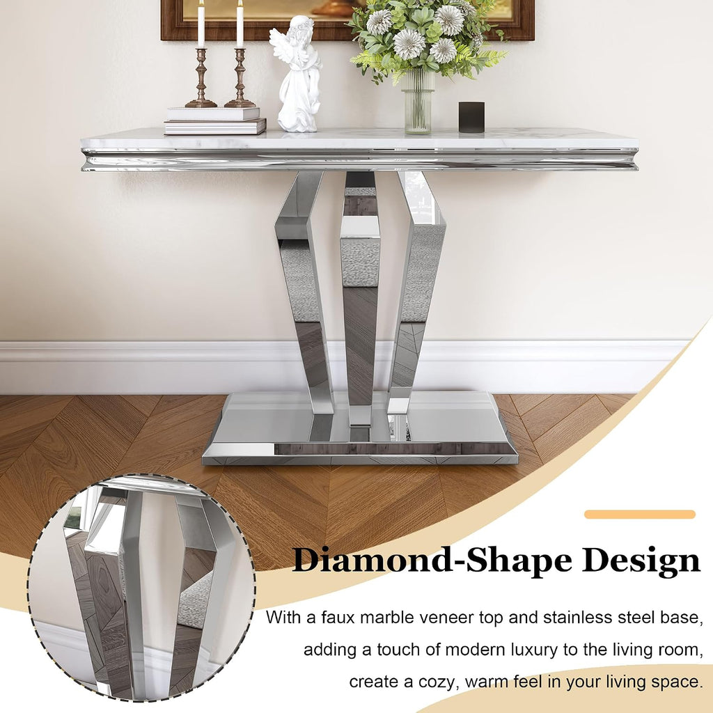 47 inch Gold Console Table, Modern Entryway Table with Diamond-Shaped Metal Base for Entrance, Hallway, Living Room (White Faux Marble & Silver)