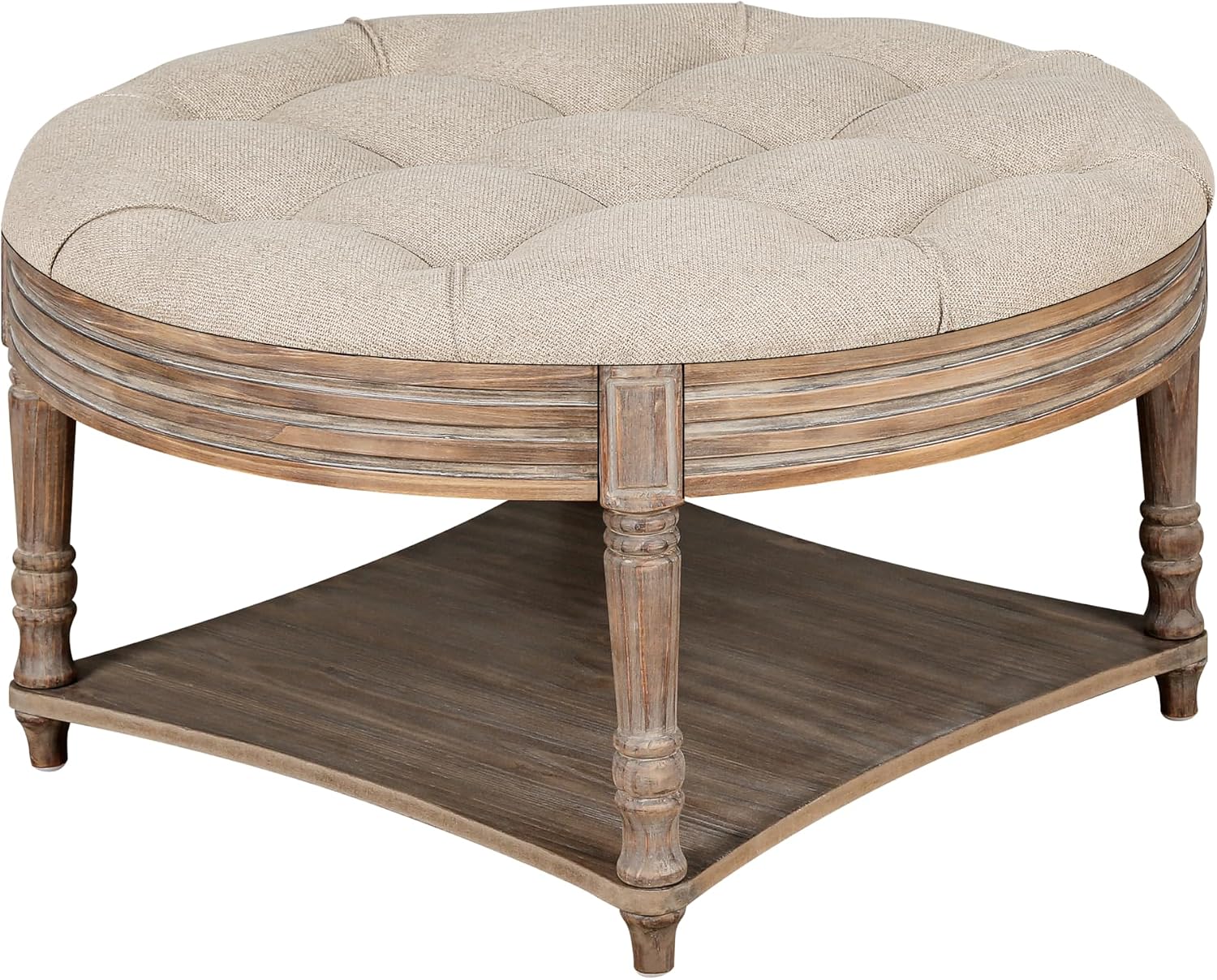 31.49'' Round Coffee Table with Storage Space, 2-Tier Modern Wood Circle Coffee Table for Living Room, Moveable Table Top & Easy Assembly & Waterproof Upholstered Linen, Khaki & Wood