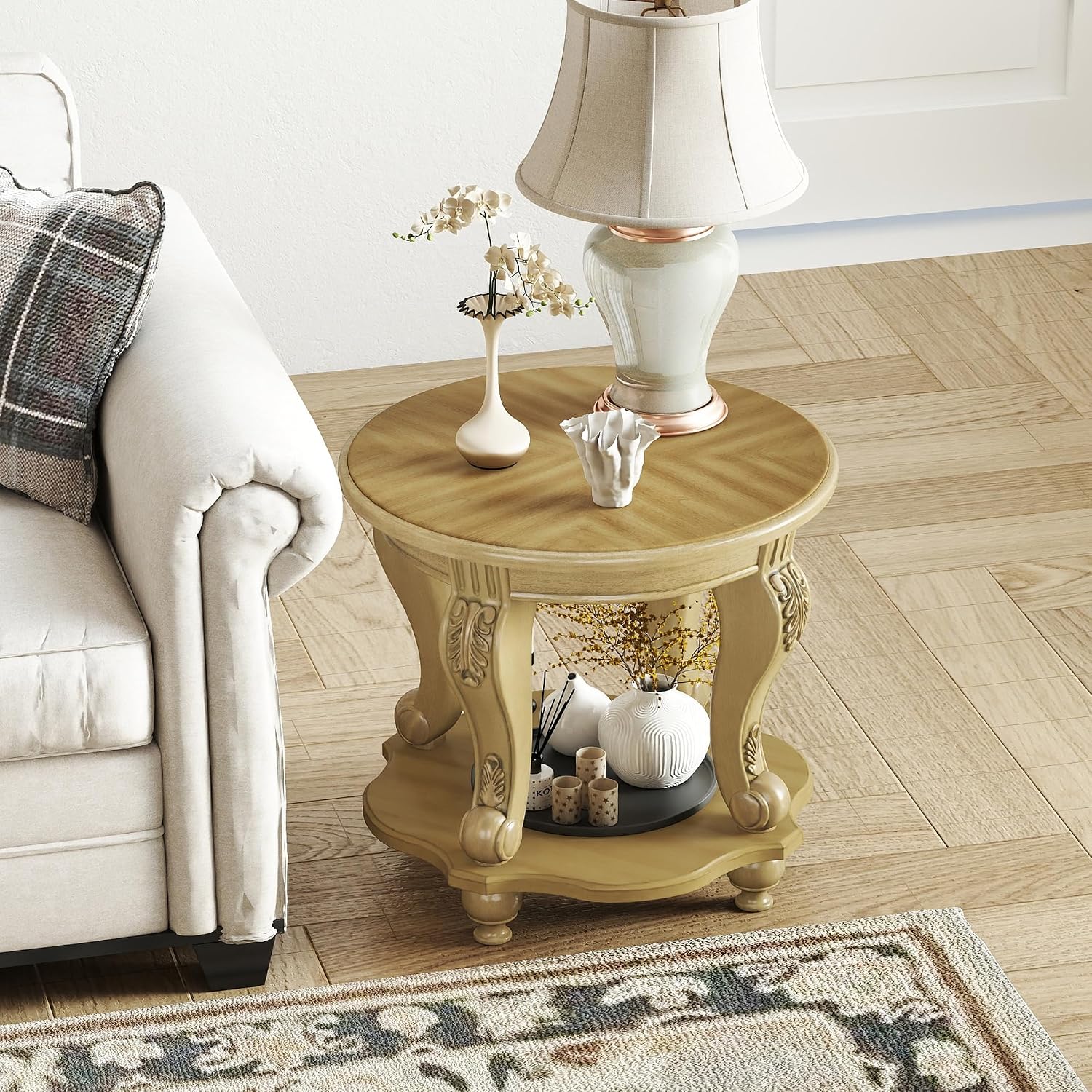 LKTART Round End Tables for Living Room, Vintage Side Table for Small Spaces, Victorian Wooden End Table with Carved Wood Legs, Antique Natural