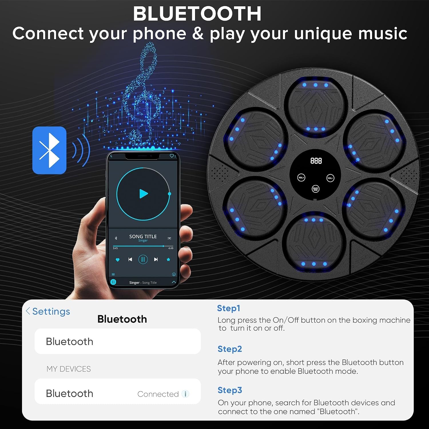 Music Boxing Machine Wall Mounted Smart Boxing Kit with 2 Pairs Gloves | 6 Light-Up Targets, Bluetooth Speaker, Reaction Training, 2 Pairs Gloves, Headbands & Towels Included