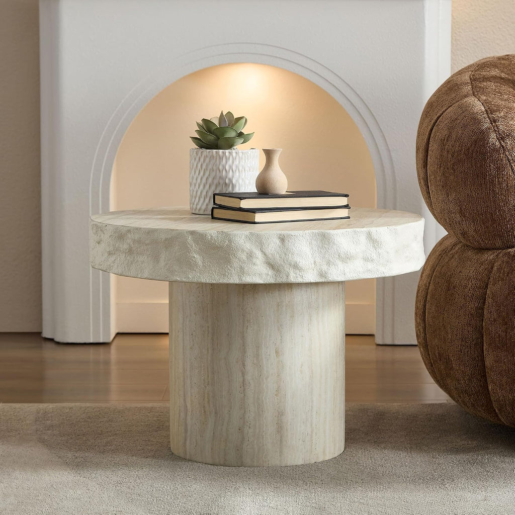 Modern End Table, 23.82'' Round Side Table, Faux Mars Top Small Drink Side Tables Accent Nightstand Living Room, Bedroom, Corners, Small Space, Full Assembly Beige
