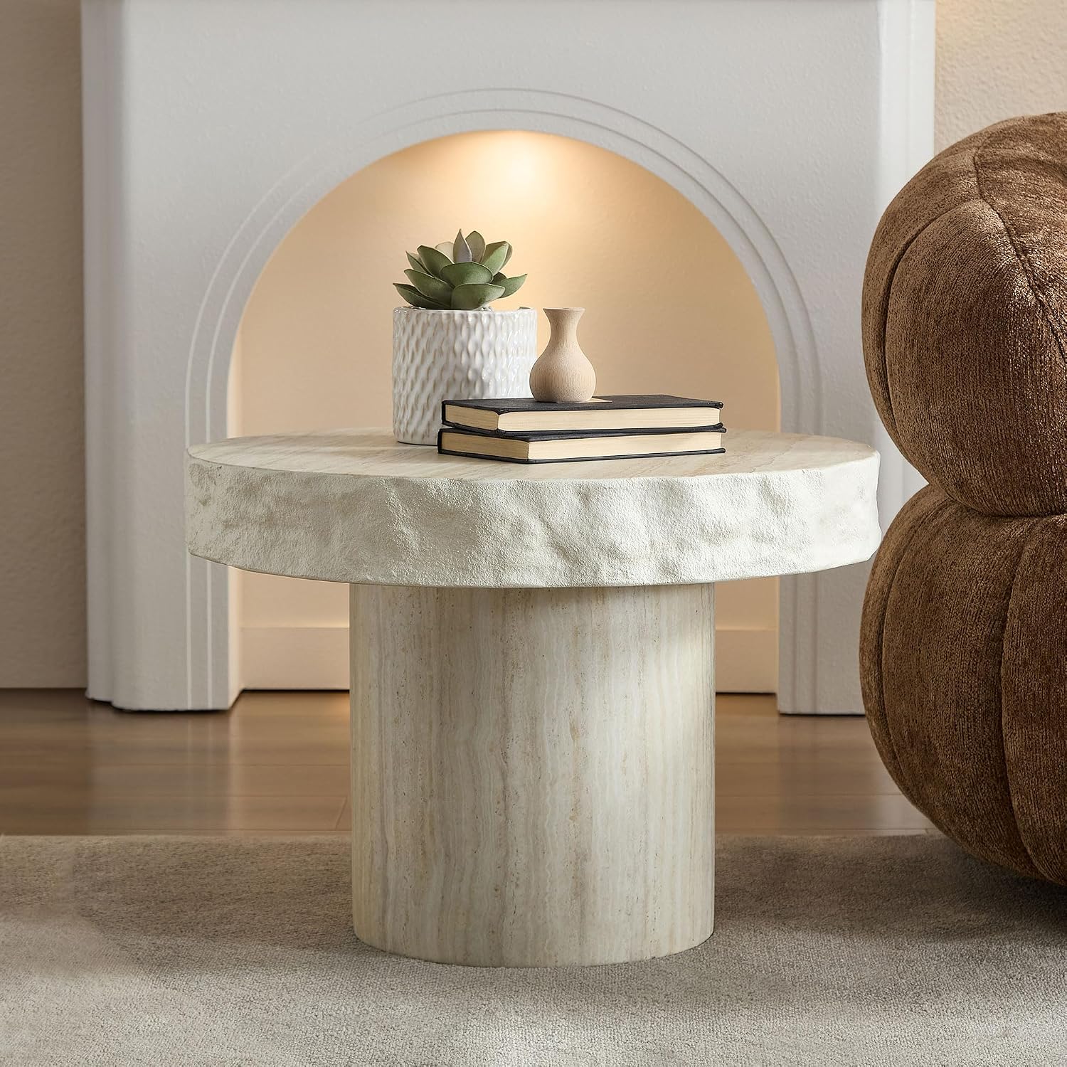 Modern End Table, 23.82'' Round Side Table, Faux Mars Top Small Drink Side Tables Accent Nightstand Living Room, Bedroom, Corners, Small Space, Full Assembly Beige
