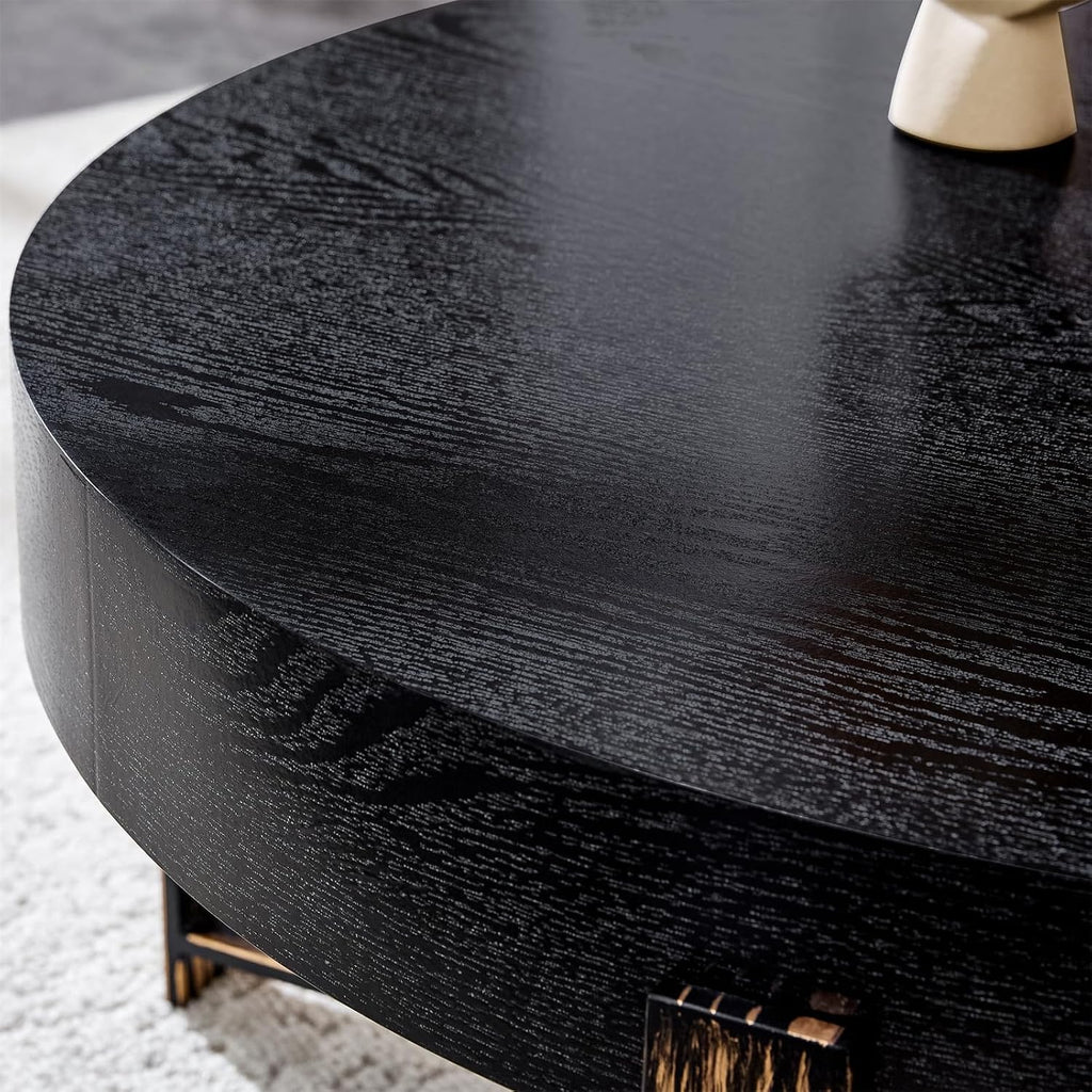 Round Coffee Table, Small Wood Coffee Table with Storage, Modern Mid Century Metal Circle Tables Accent Center Tables for Living Room Apartment Small Space (31.5''D-Black)
