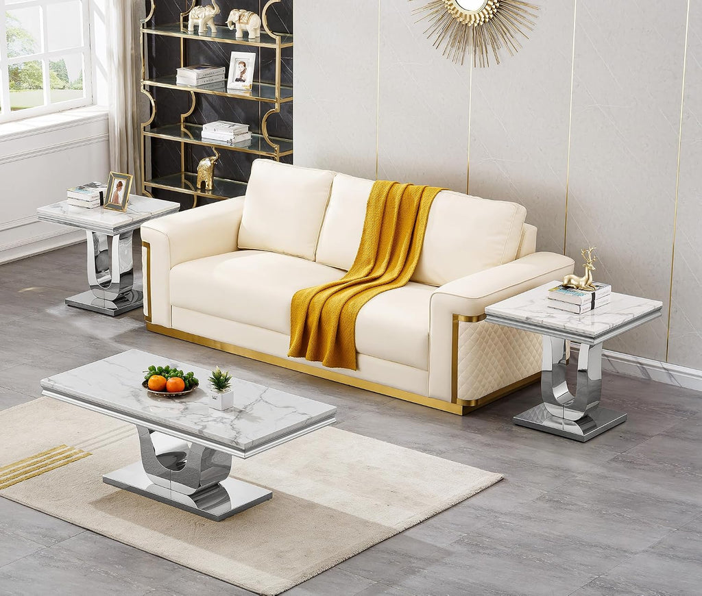3 Pieces Coffee Table Set, Faux Marble Living Room Table Set of 3, Modern Coffee Table and 2 End Tables with U-Shaped Stainless Steel Base for Living Room (White Silver)