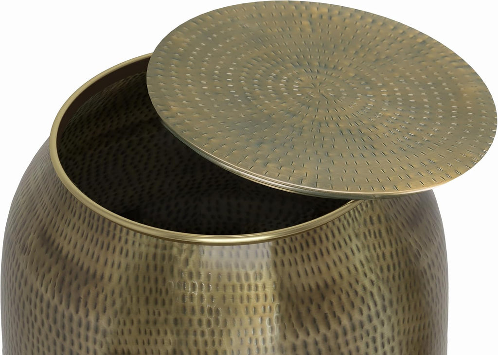 SIMPLIHOME Griffen Metal Storage Accent Table - 19 inch Wide Solid Metal Round Drum Side Table in Antique Gold, Contemporary End Table for Living Room with Hidden Storage Space, Assembled