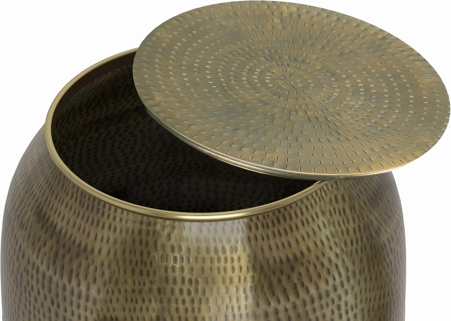 SIMPLIHOME Griffen Metal Storage Accent Table - 19 inch Wide Solid Metal Round Drum Side Table in Antique Gold, Contemporary End Table for Living Room with Hidden Storage Space, Assembled