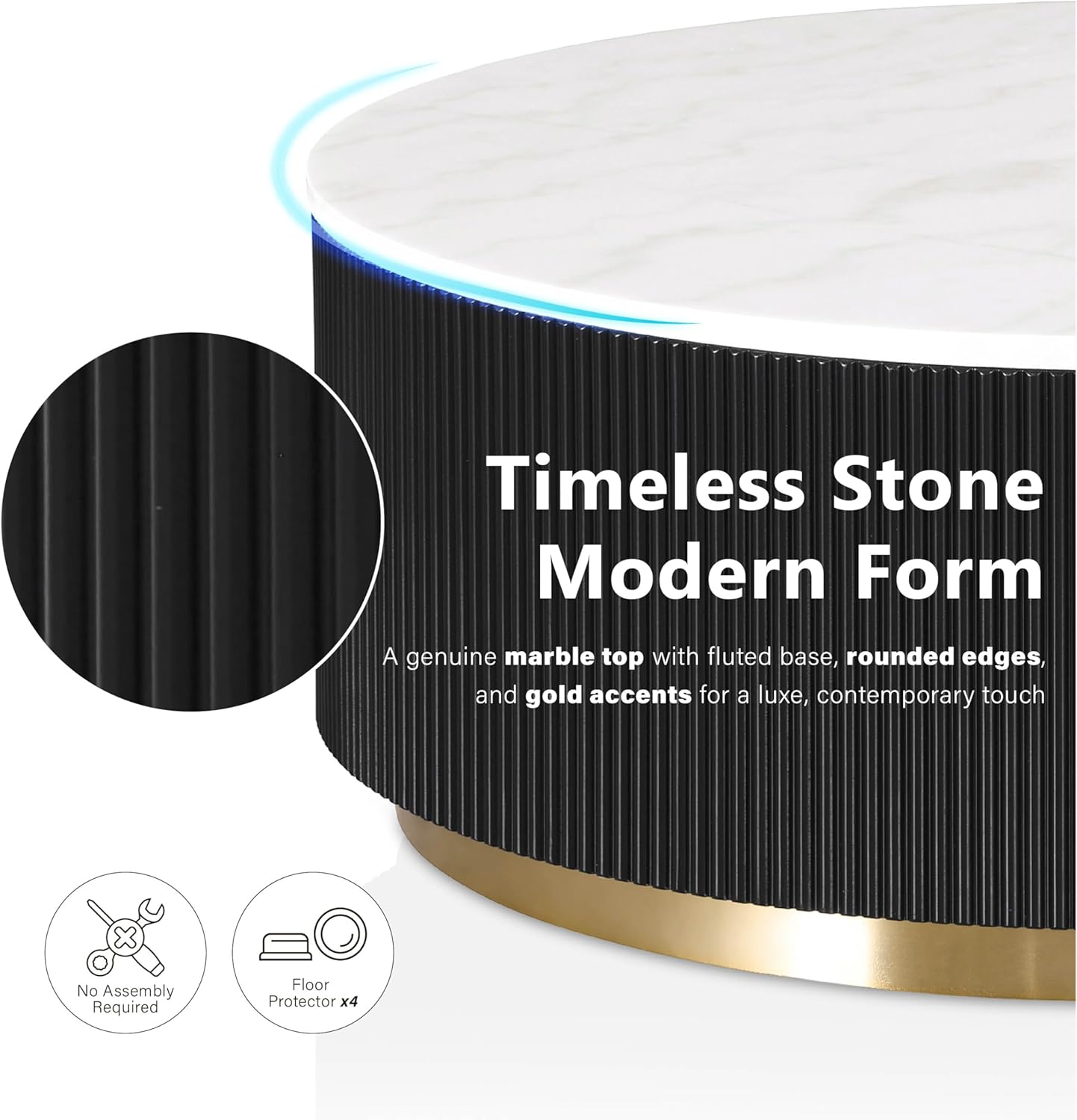 Furniture of America Beryl Modern Round White Genuine Marble Top Coffee Table with Fluted Pedestal Base and Gold Stainless Steel Accent, Low Profile Table for Living Room, Home Office, Black
