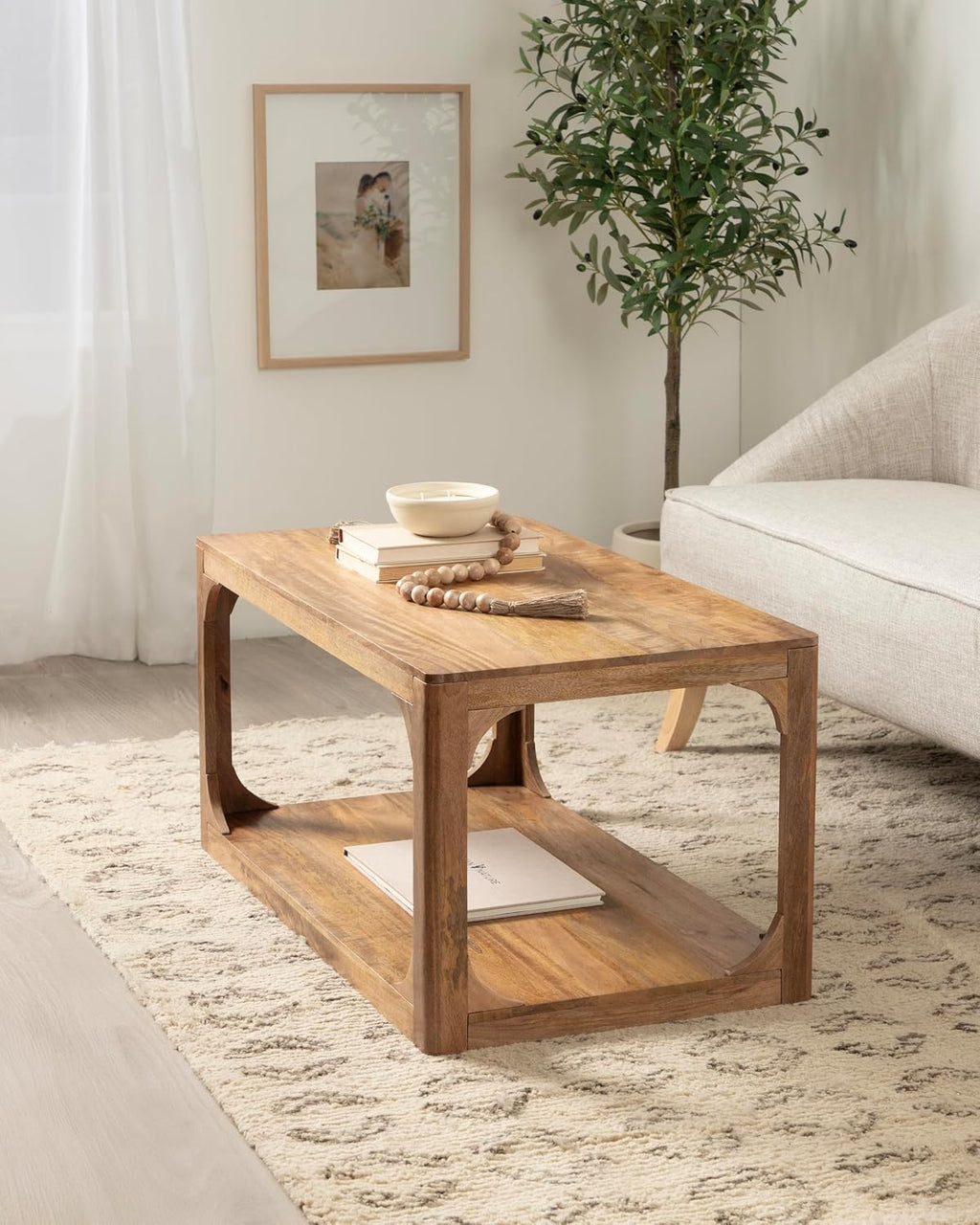 Kate and Laurel Dahl Transitional Rectangular Coffee Table; 36 x 20 x 18; Natural Wood; Modern Rectangle Living Room Table with Solid Mango Wood Construction and Bonus Underlying Storage