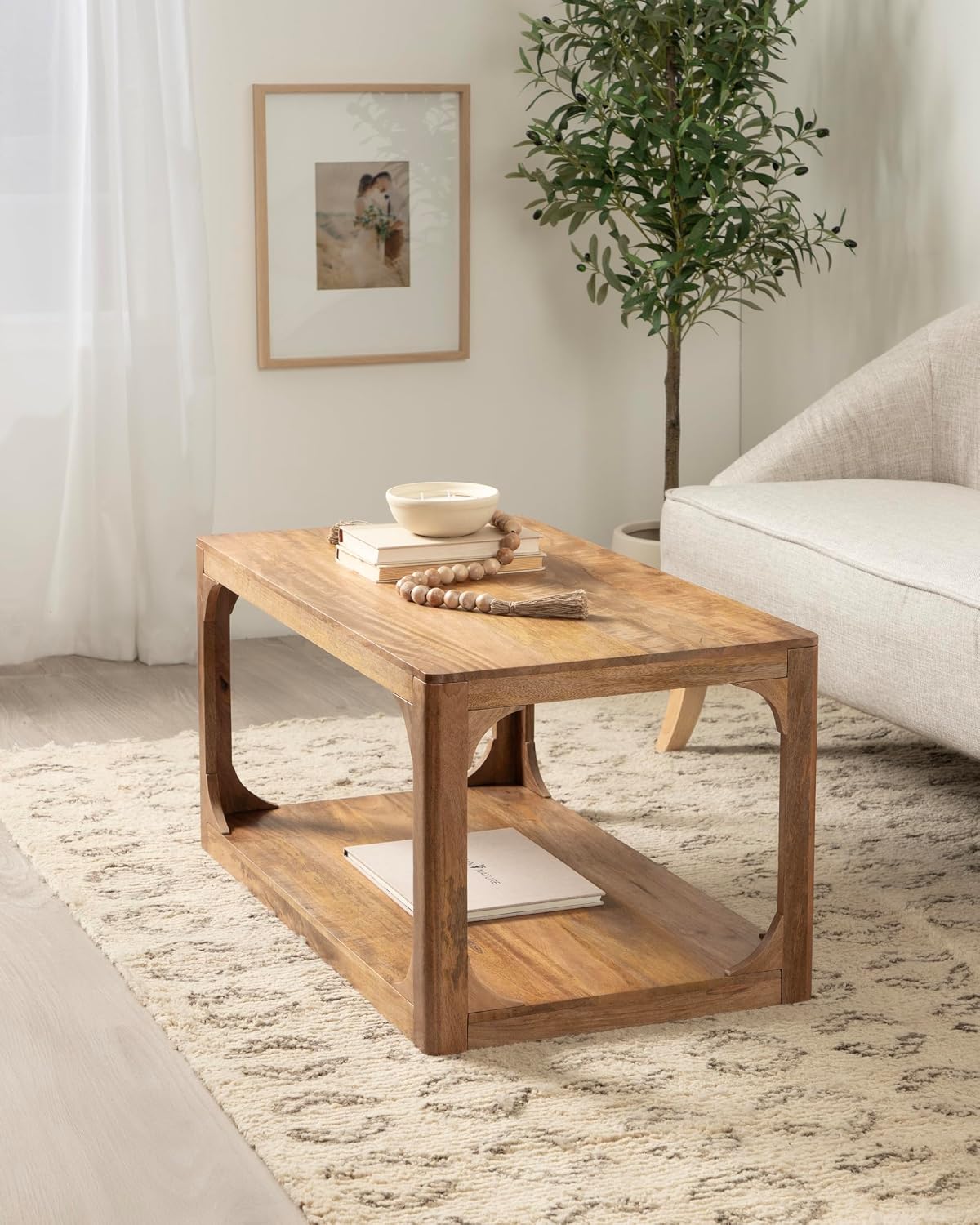 Kate and Laurel Dahl Transitional Rectangular Coffee Table; 36 x 20 x 18; Natural Wood; Modern Rectangle Living Room Table with Solid Mango Wood Construction and Bonus Underlying Storage