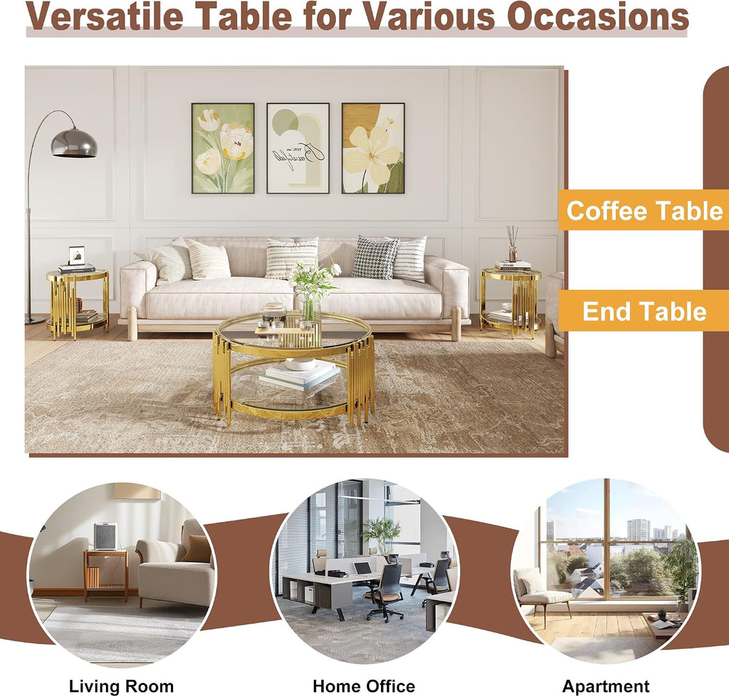3 Piece Living Room Table Set with 1 Glass Coffee Table and 2 End Tables, 2 Tier Glass Coffee Table Set of 3 with Round Stainless Steel Legs and Tempered Glass Top, Gold/Clear