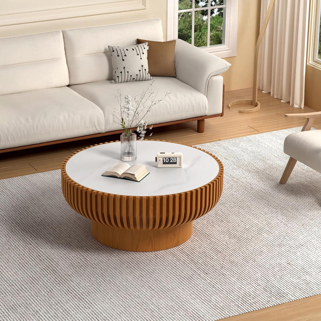 31.5' Round Coffee Table with Sintered Stone Tabletop, Modern Drum Fluted Center Table with Pine Wood Veneered, Unique Circle Wood Coffee Table for Living Room (Brown, 31.5' Sintered Stone Tabletop)
