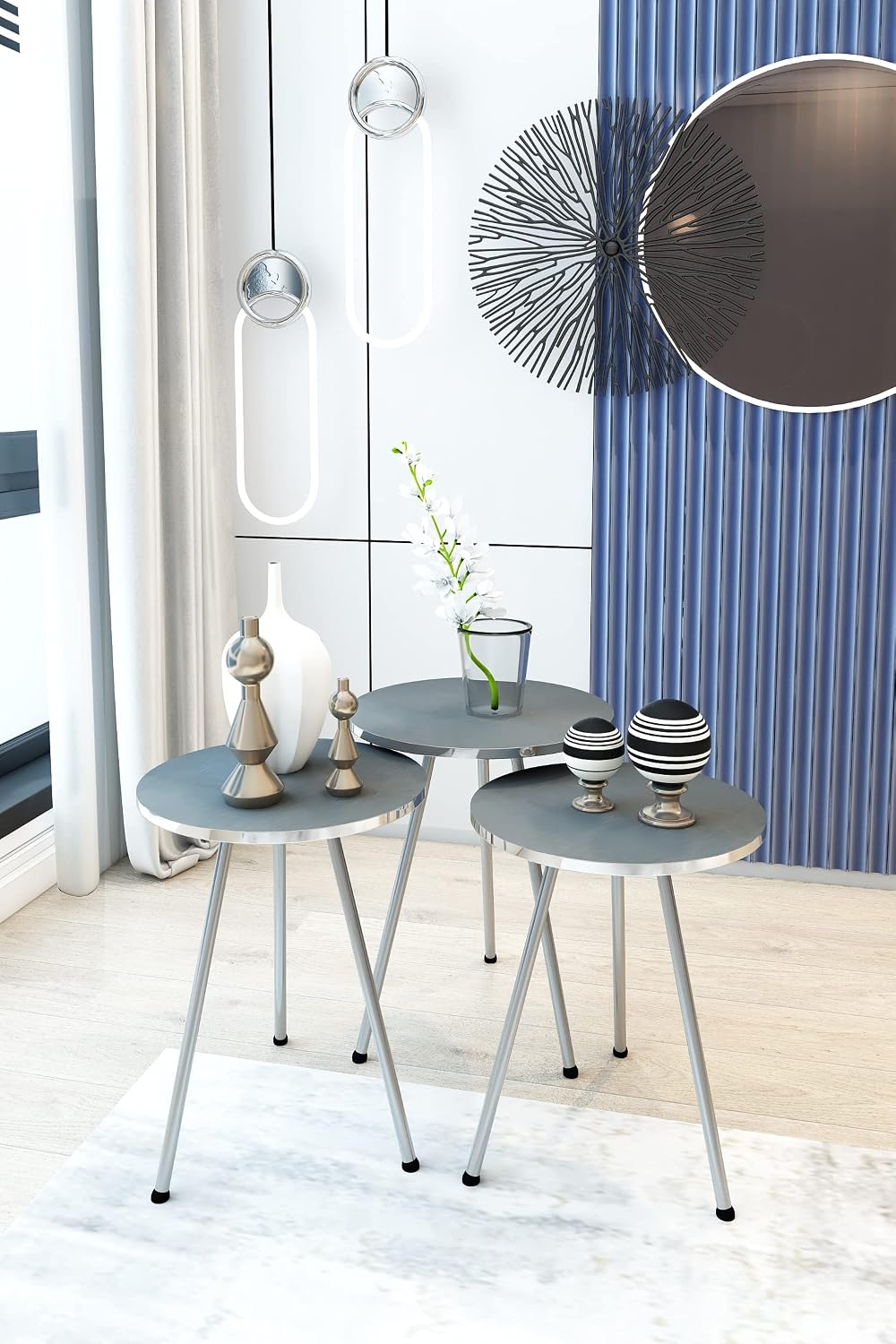 Set of 3 Nesting END Tables - Round Stacking Coffee Side Tables for Small Spaces, Nightstand Bedside Table for Living Room, Bedroom, Living Room, Balcony, Office, NO-Tools Assembly (Silver)