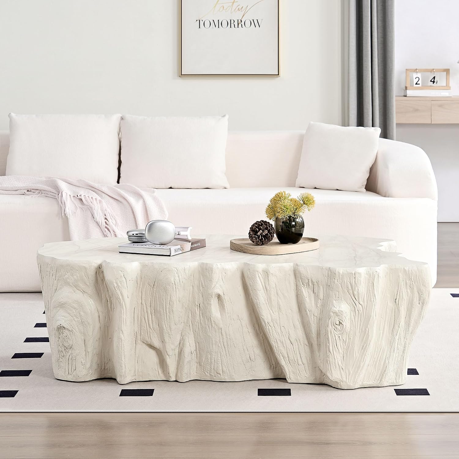 WILLIAMSPACE 48.62' Irregular Coffee Table with Tree Root Design for Living Room, Modern Luxury Fiberglass Center Table with Unique Shape, Accent End Tea Tables for Apartment, No Need Assembly (Beige)
