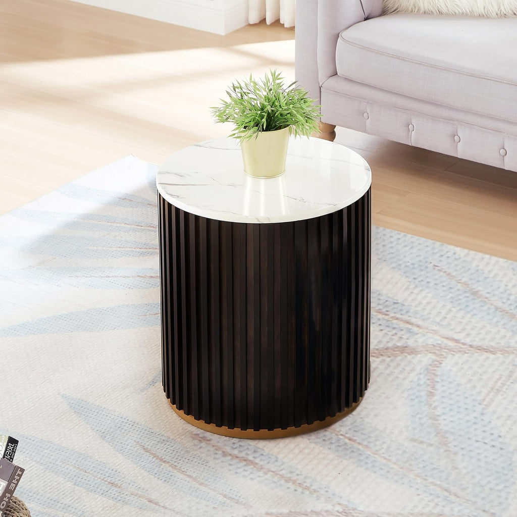 Round Wood End Table with Marble Lid ＆ Hidden Storage, Modern Handcraft Drum End Table, Circle Wooden Side Table for Apartment Living Room, No Need Assembly(Black Brown,20x20x22 in)
