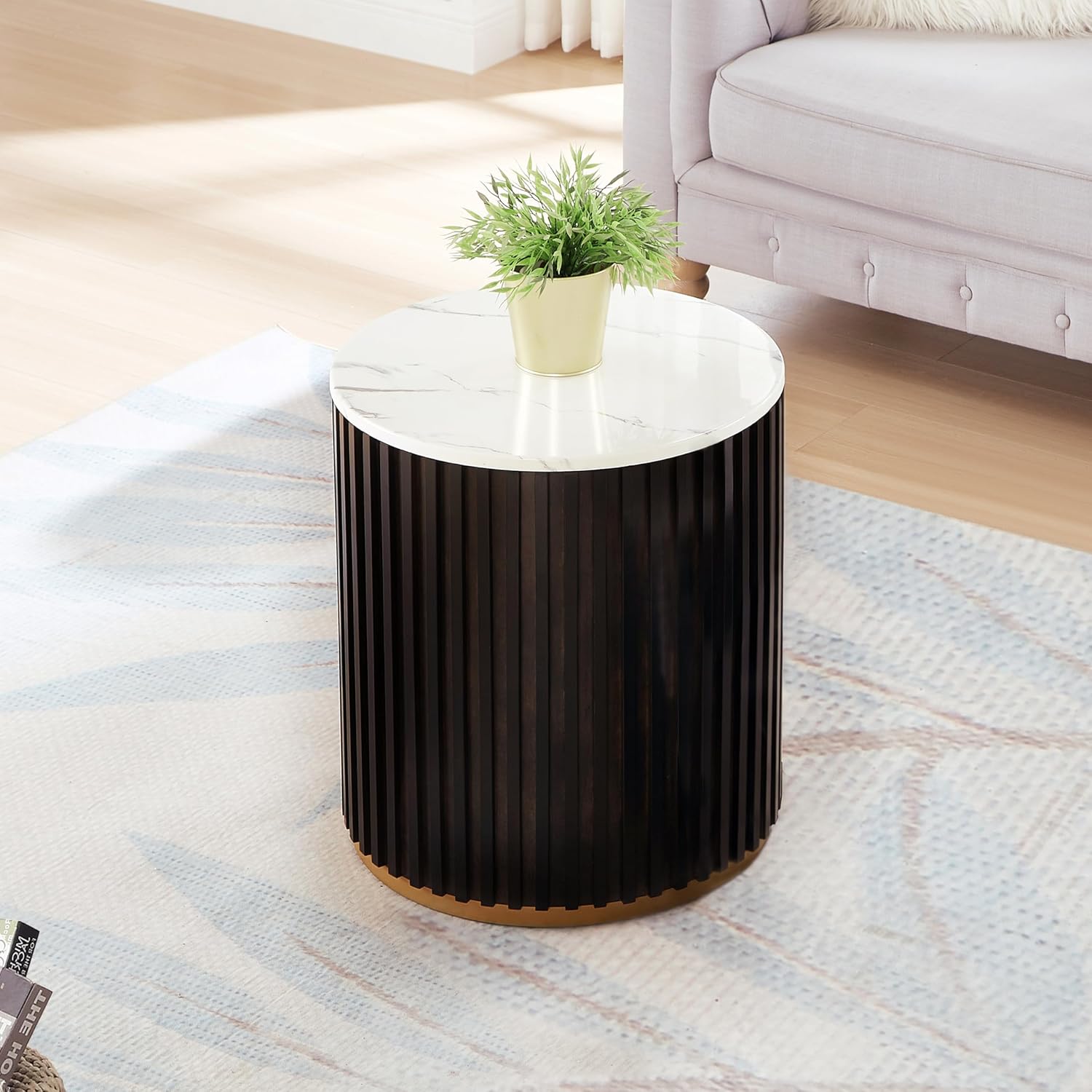Round Wood End Table with Marble Lid ＆ Hidden Storage, Modern Handcraft Drum End Table, Circle Wooden Side Table for Apartment Living Room, No Need Assembly(Black Brown,20x20x22 in)