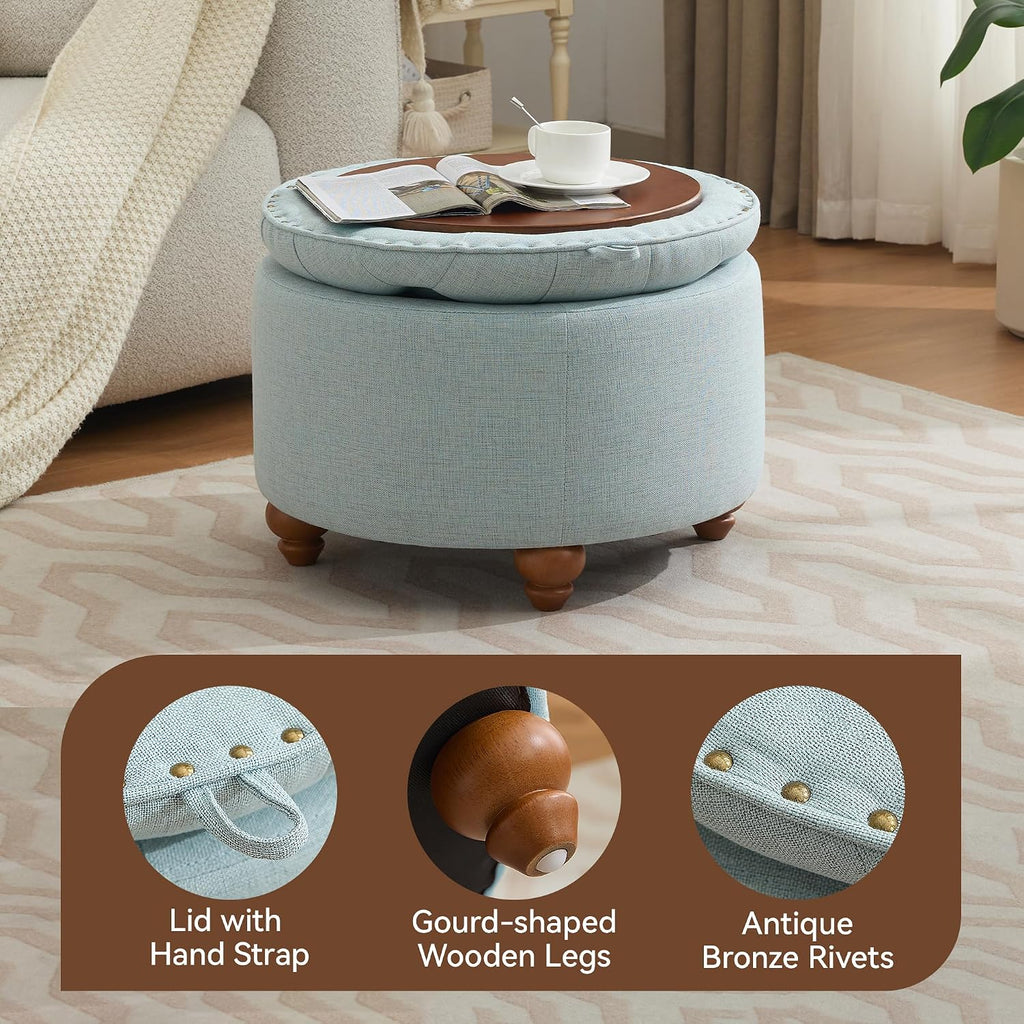 WUTUTUEE 24Inch Round Storage Ottoman with Tray, Modern Tufted Fabric Circle Coffee Table with Storage, Upholstered Ottoman with Removable Top for Living Room, Bedroom, Light Blue