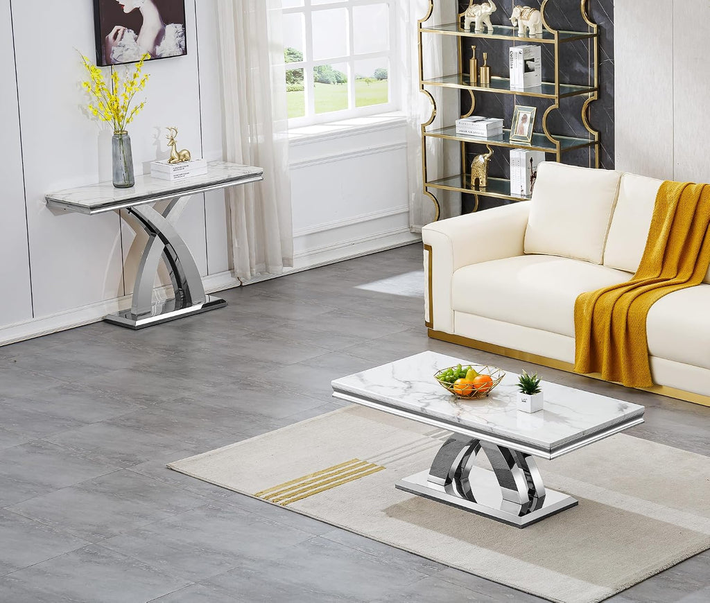 Modern White Silver Console Table, 47' Faux Marble Entryway Table Narrow Long Sofa Table, Luxury Accent Table Rectangle Behind Sofa Entrance Table Foyer Hallway Table for Living Room