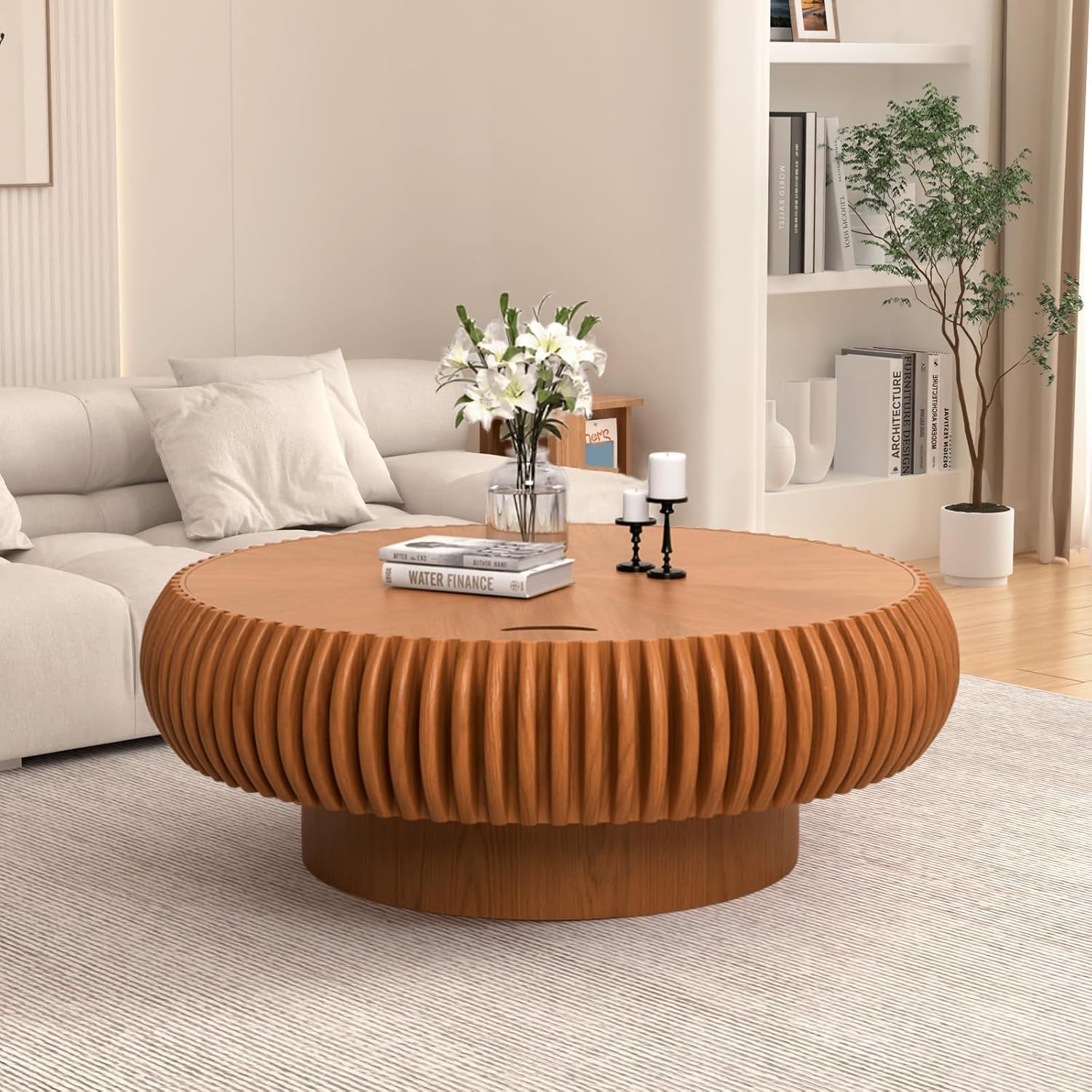 39.37' Round Fluted Coffee Table with Storage Unique Contemporary Wood Low Circle Drum Tea Tables - Sturdy Pedestal for Small Space (J Brown 39.37in)